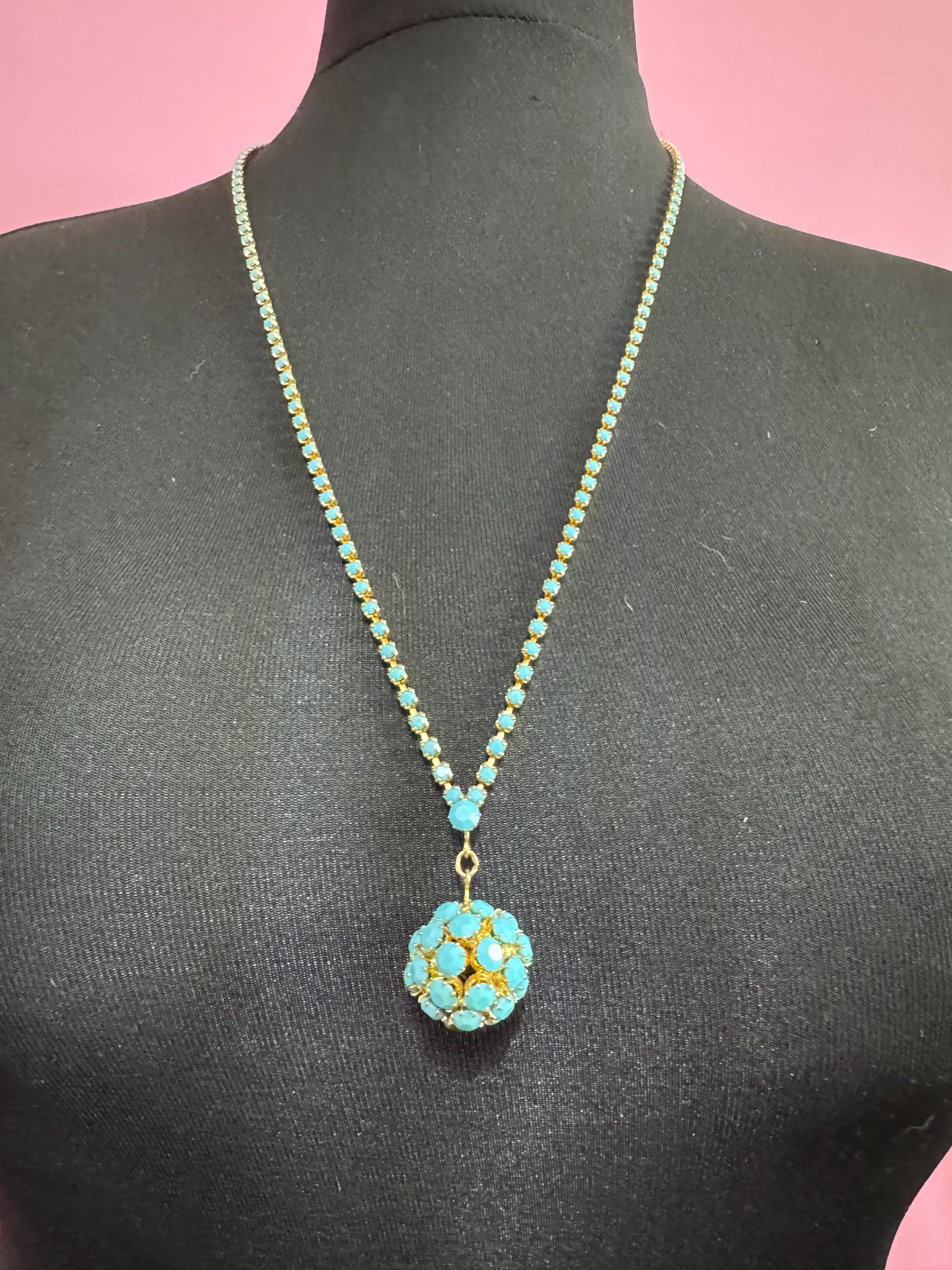 Vintage 1960s 1970s gold tone lariat drop necklace with turquoise glass paste ball pendant 75cm long