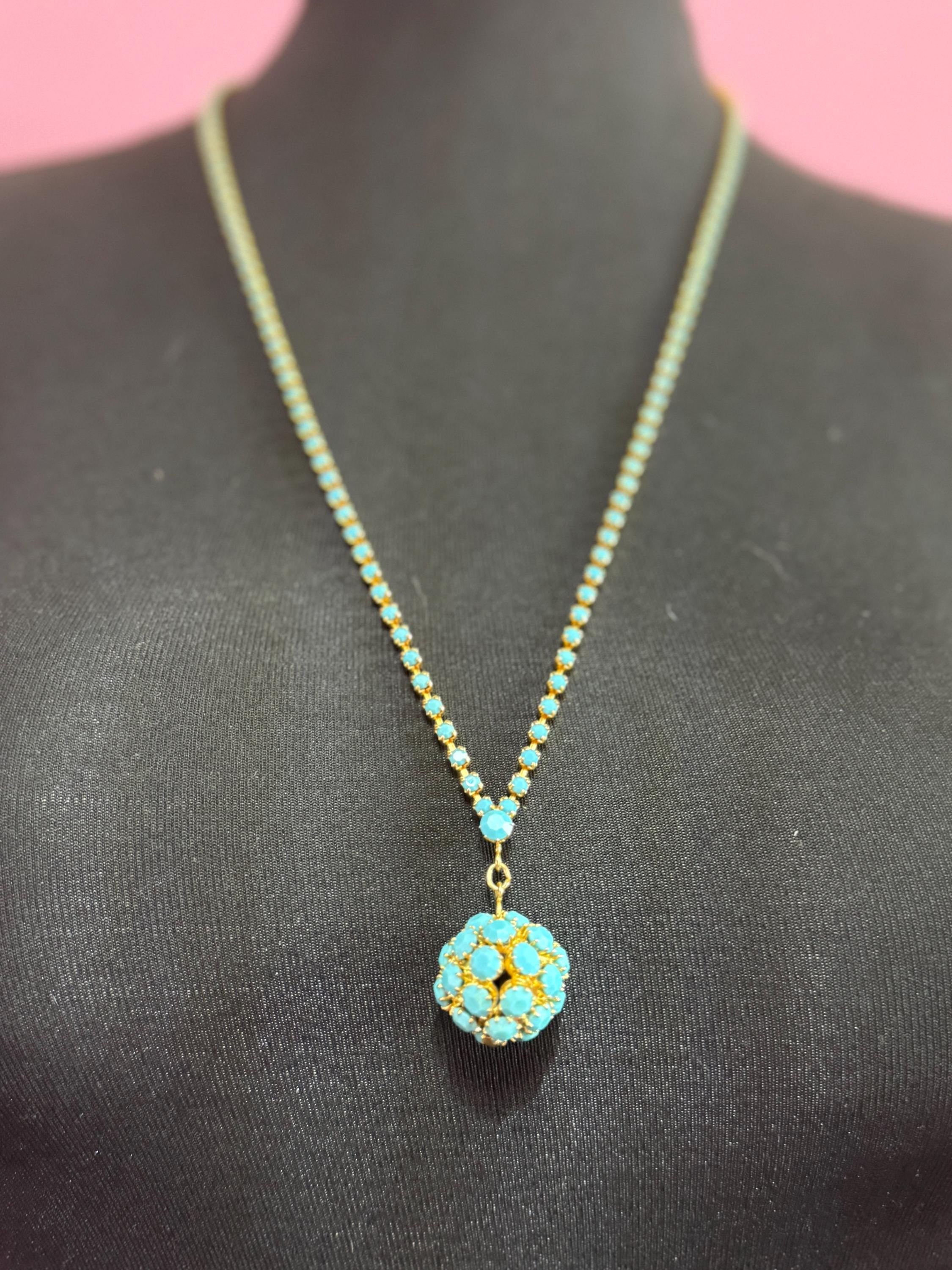 Vintage 1960s 1970s gold tone lariat drop necklace with turquoise glass paste ball pendant 75cm long