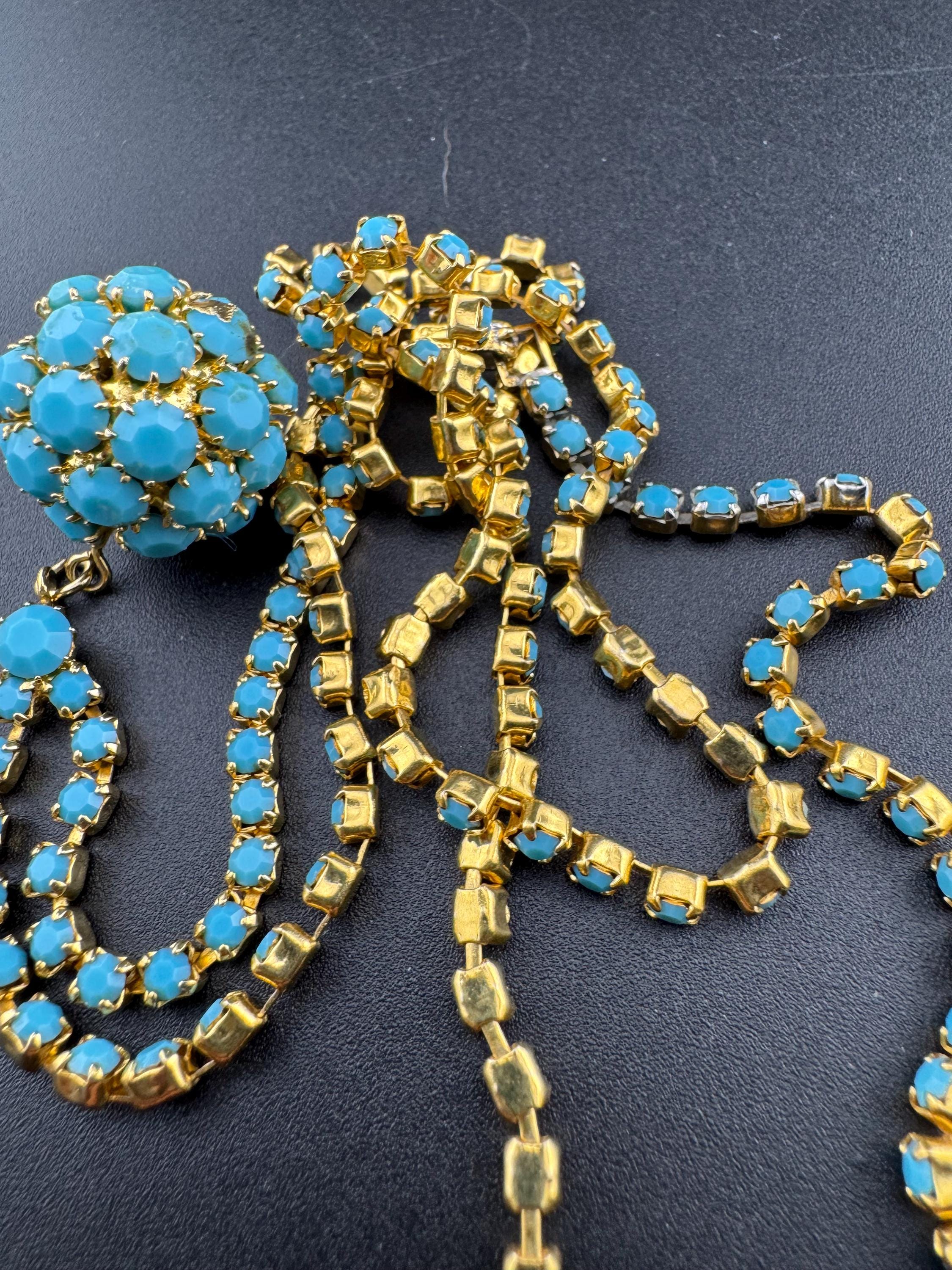 Vintage 1960s 1970s gold tone lariat drop necklace with turquoise glass paste ball pendant 75cm long