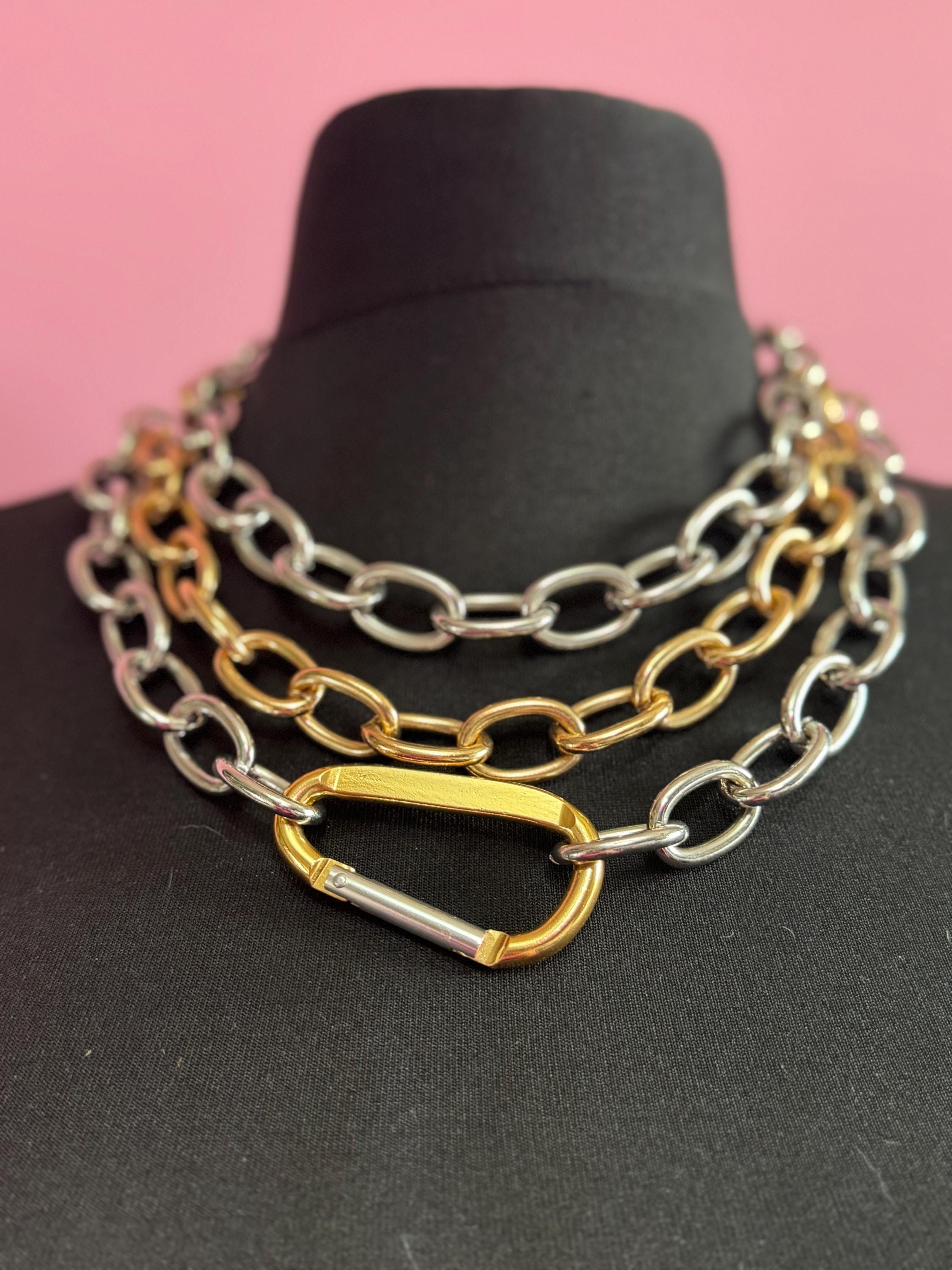 retro heavy chunky curb chain link gold and silver tone opening lock multi strand metal necklace