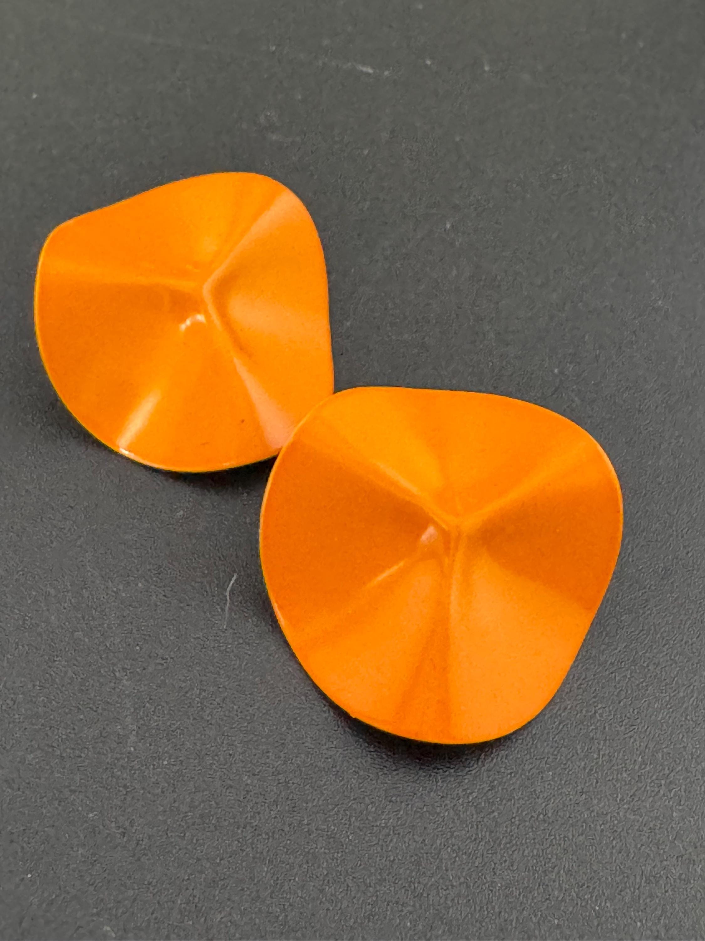 Vintage 80s bright orange enamel textured disc button clip on earrings old shop stock