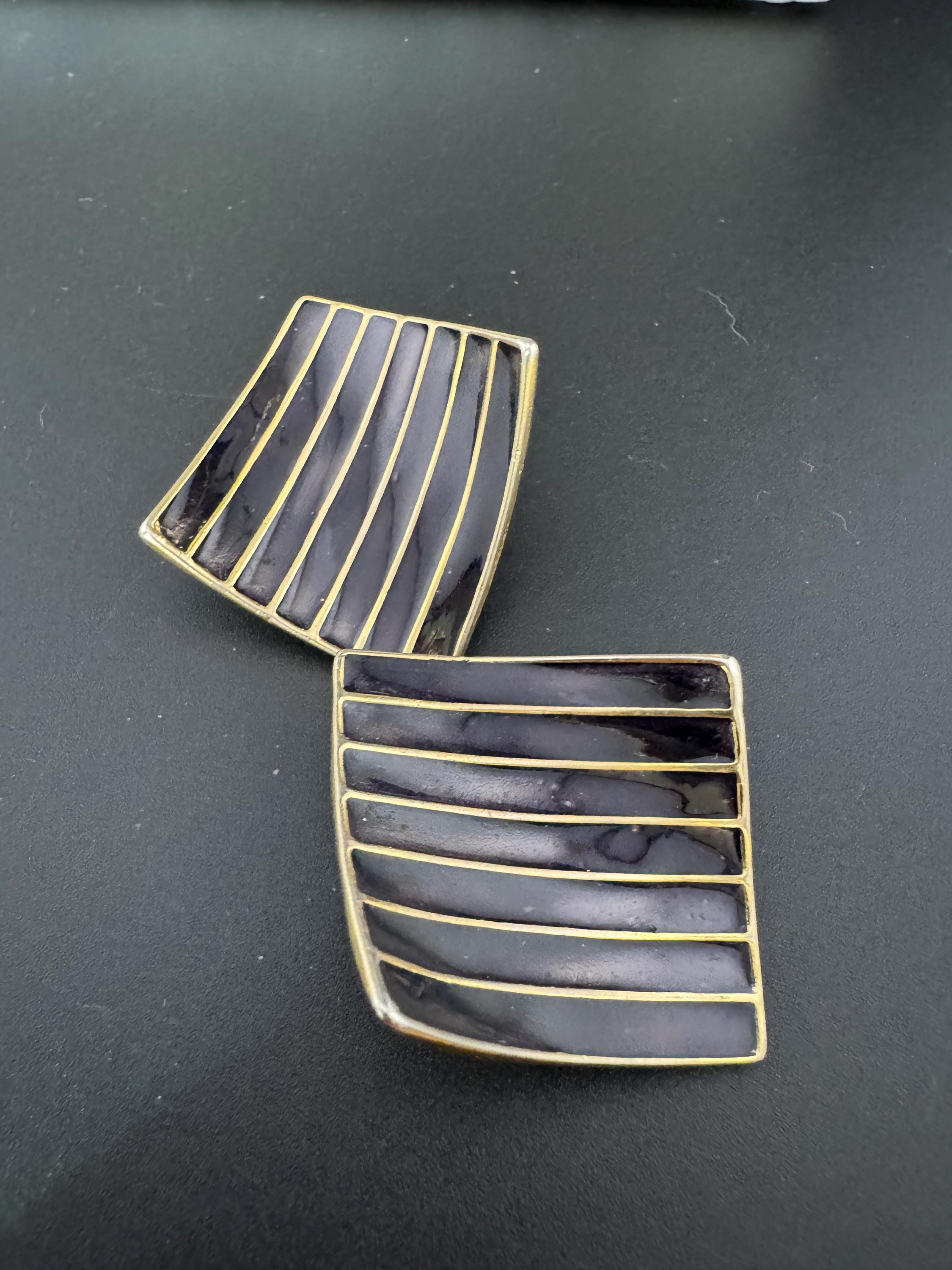 Vintage Gold tone oversized square black enamel clip on earrings stud 1980s