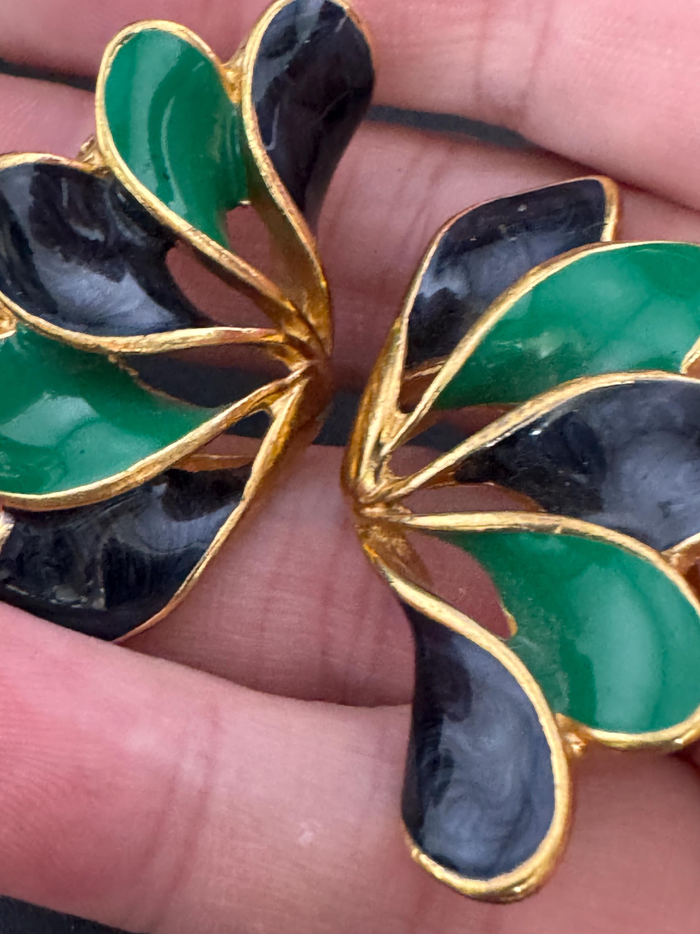 Vintage gold tone oversized green and navy blue enamel fan clip on earrings