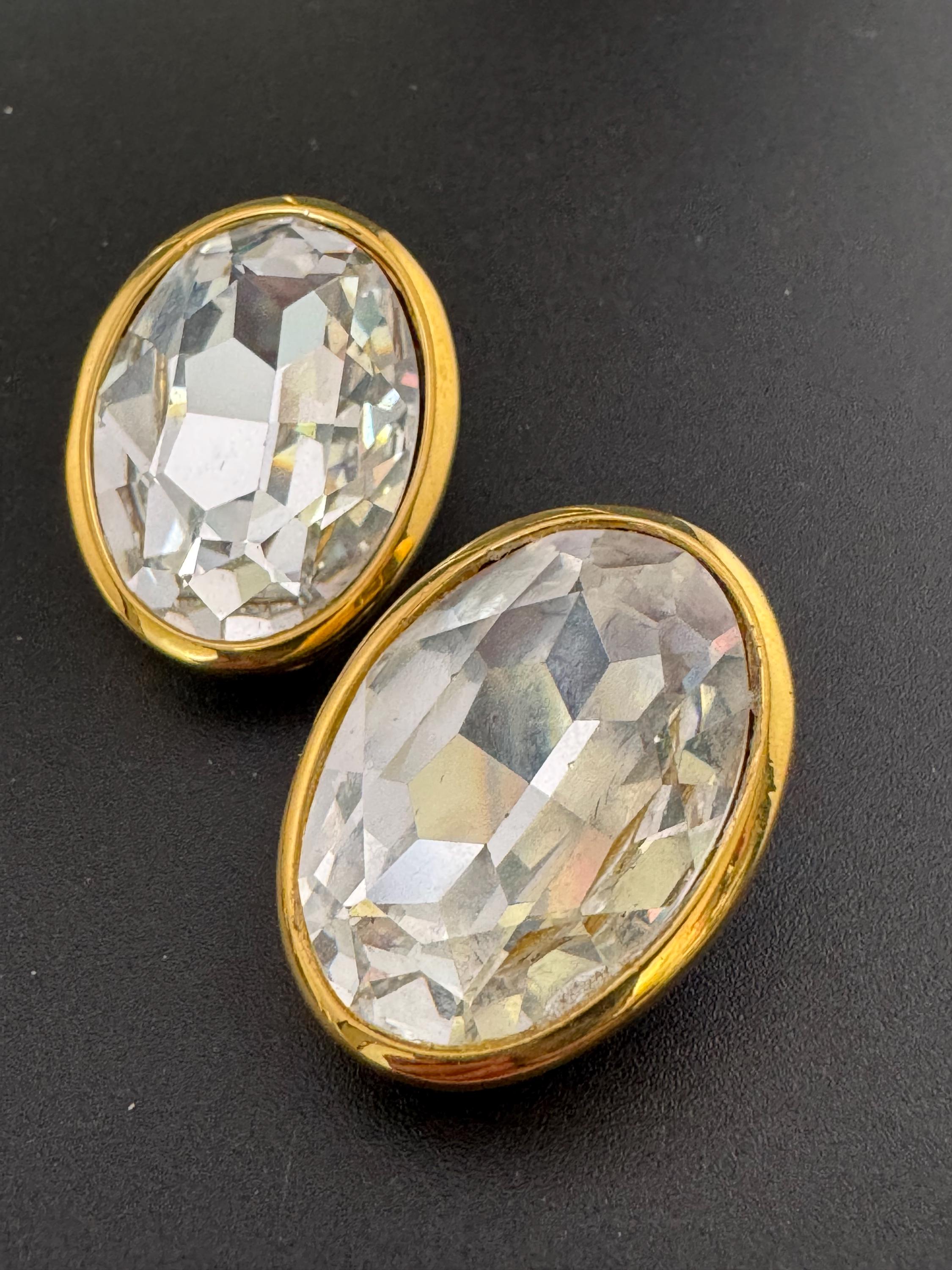 vintage oversized gold tone clear diamanté glass crystal oval earrings 3cm