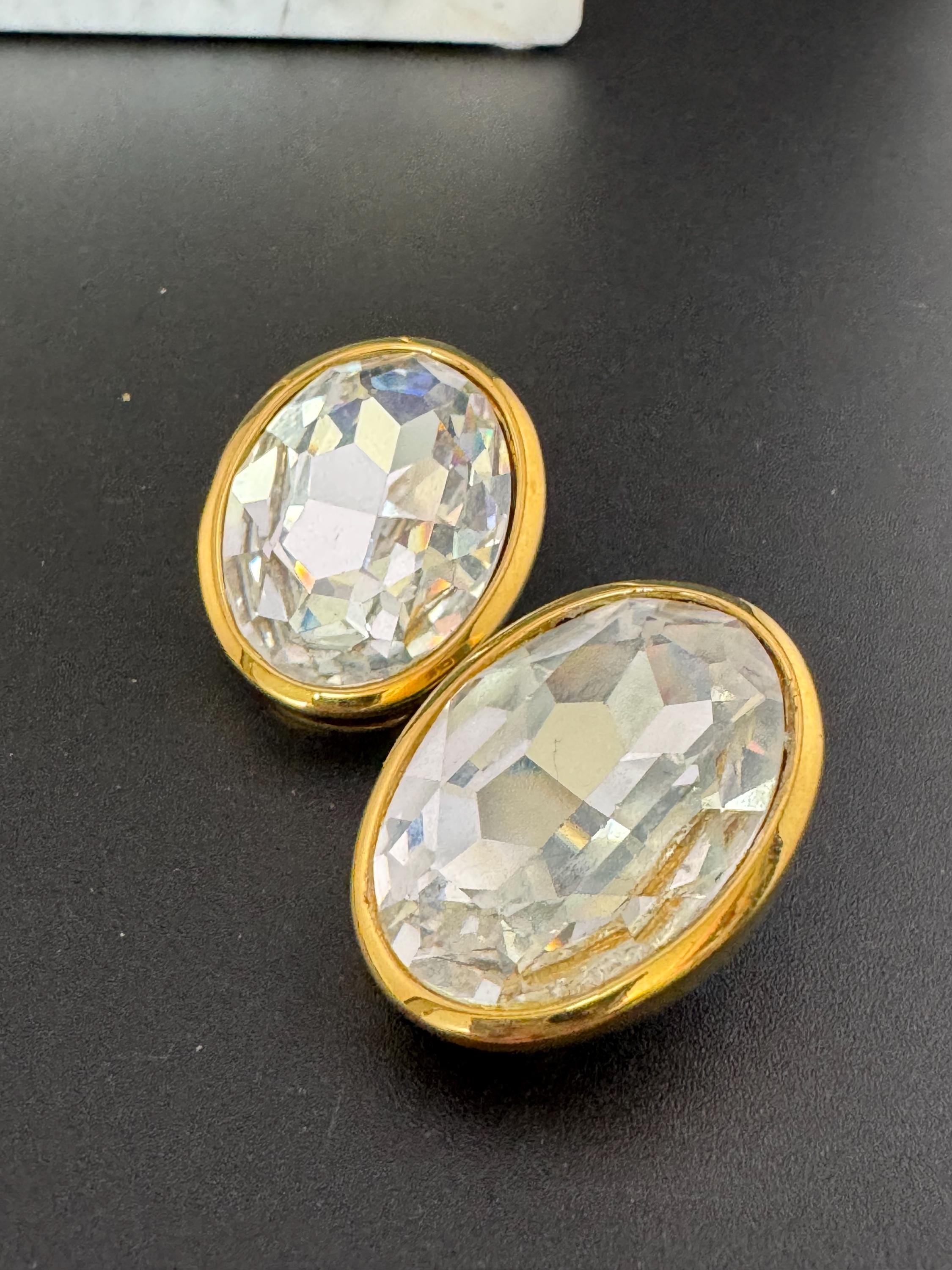 vintage oversized gold tone clear diamanté glass crystal oval earrings 3cm