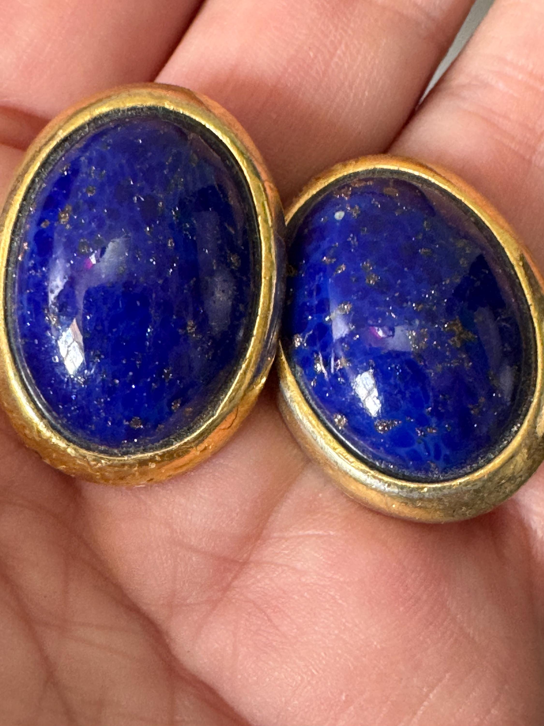 Vintage 1980s high end statement cobalt blue gemstone Lapis lazuli style oval clip on earrings gold tone studs