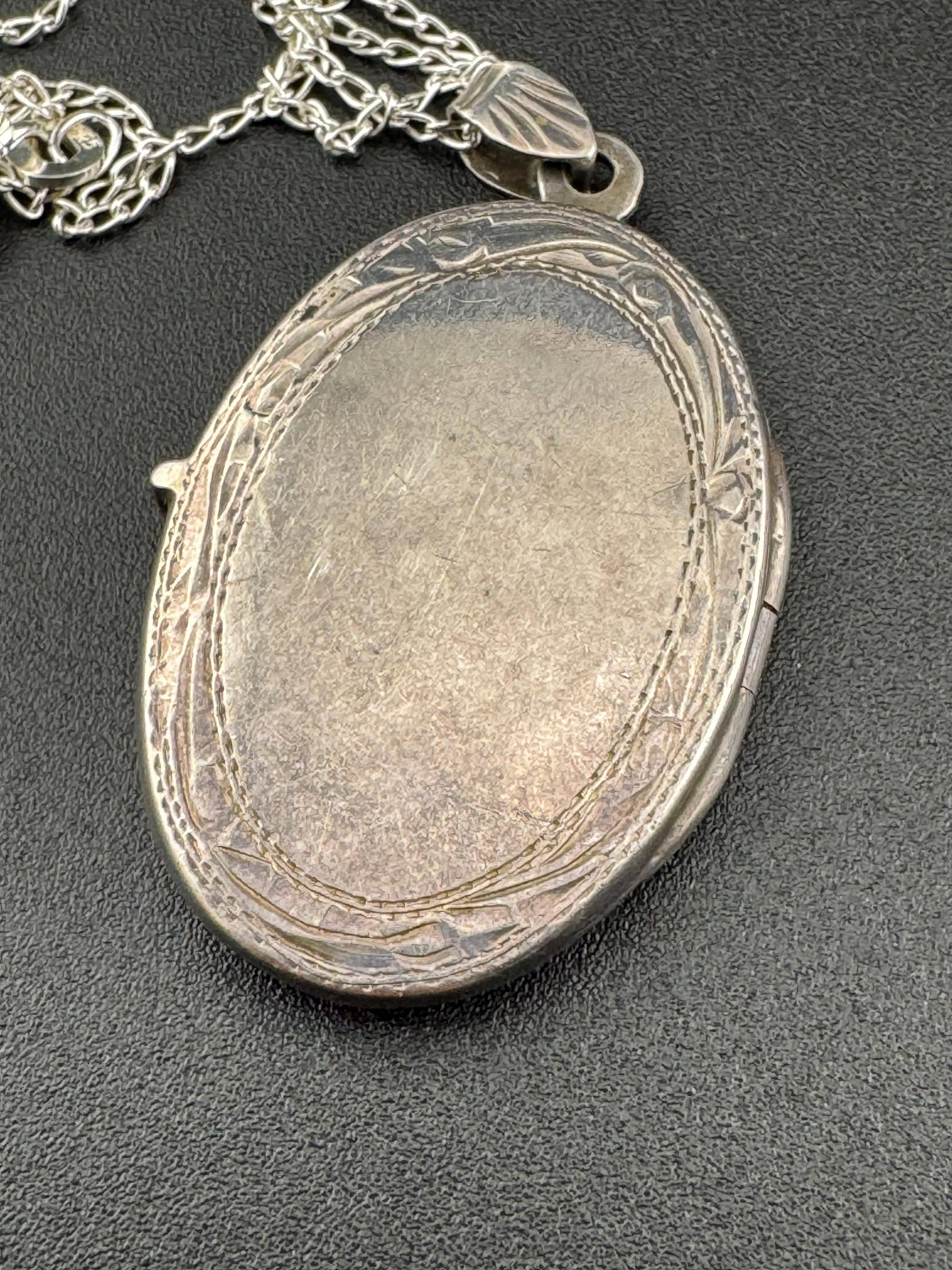 Vintage large photo Locket with engraved design, memorial keepsake stamped 925 on a silver chain