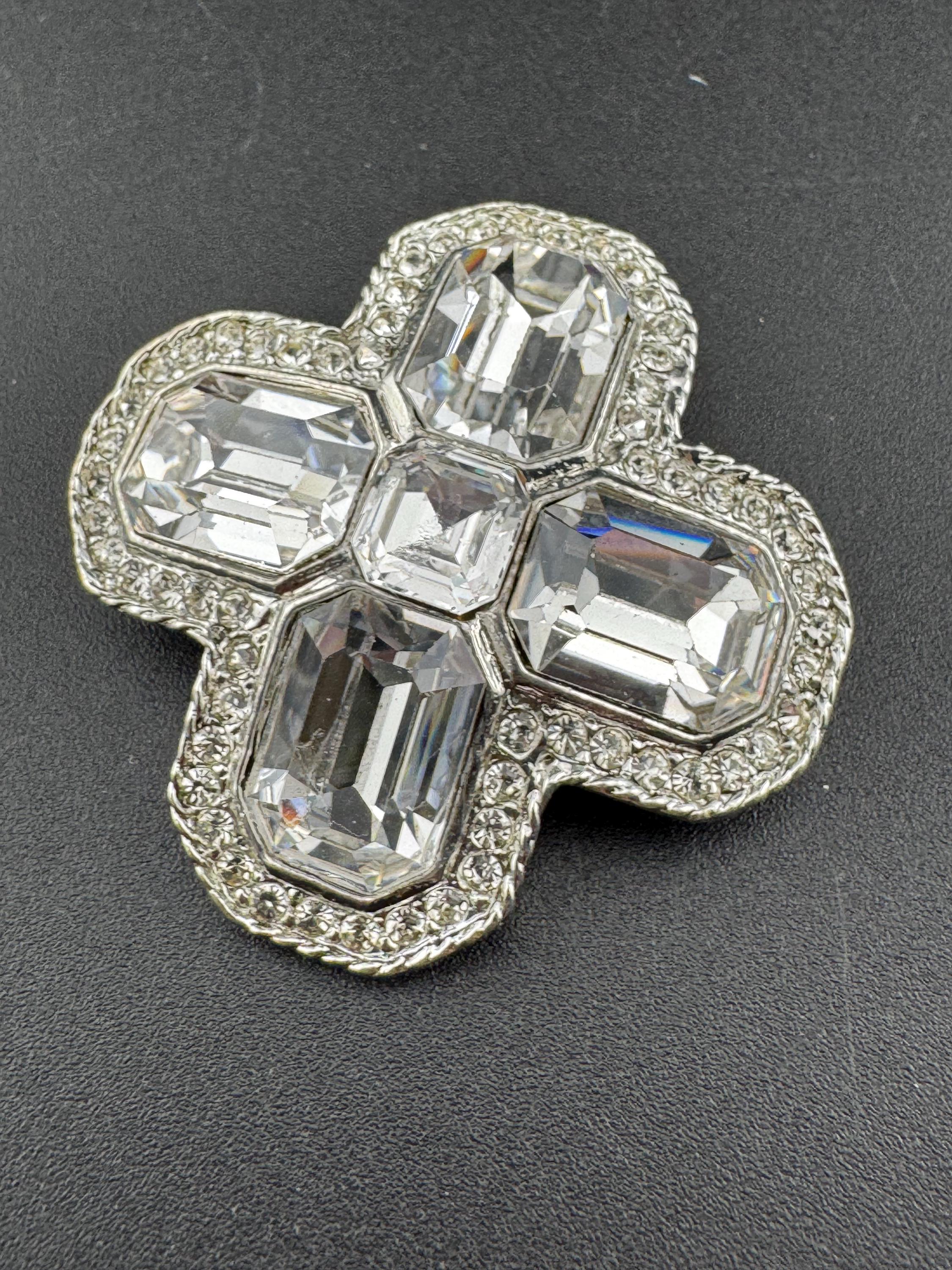 Vintage 1980s Swarovski silver tone crystal set clear diamanté octagonal clip on earrings with matching cross brooch