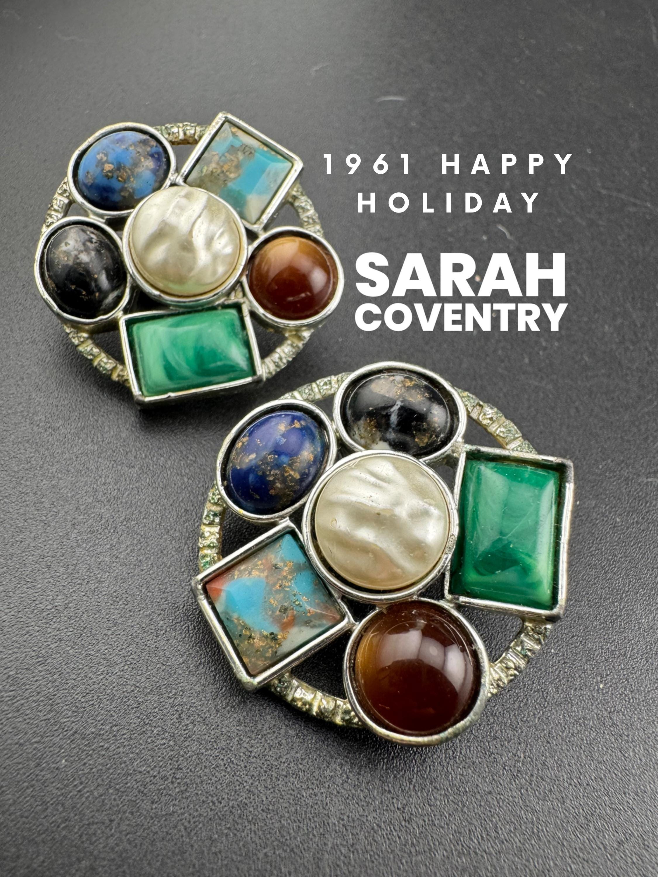 Signed SARAH COV 1961 Happy Holiday signed Silver tone gemstone pearl cabochon clip on stud earrings 1960s