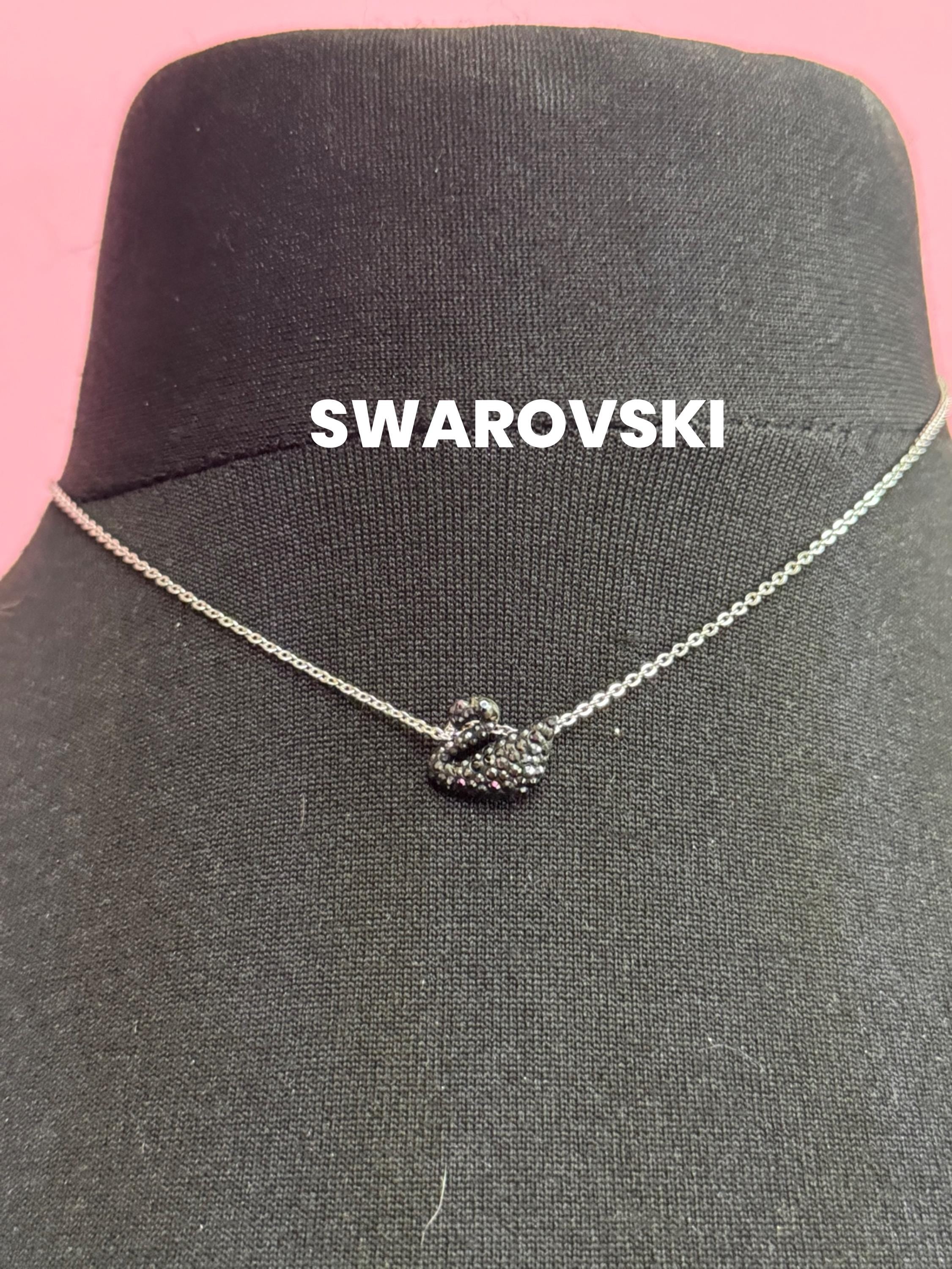 Signed Swarovski crystal silver tone black diamanté swan dainty pendant necklace