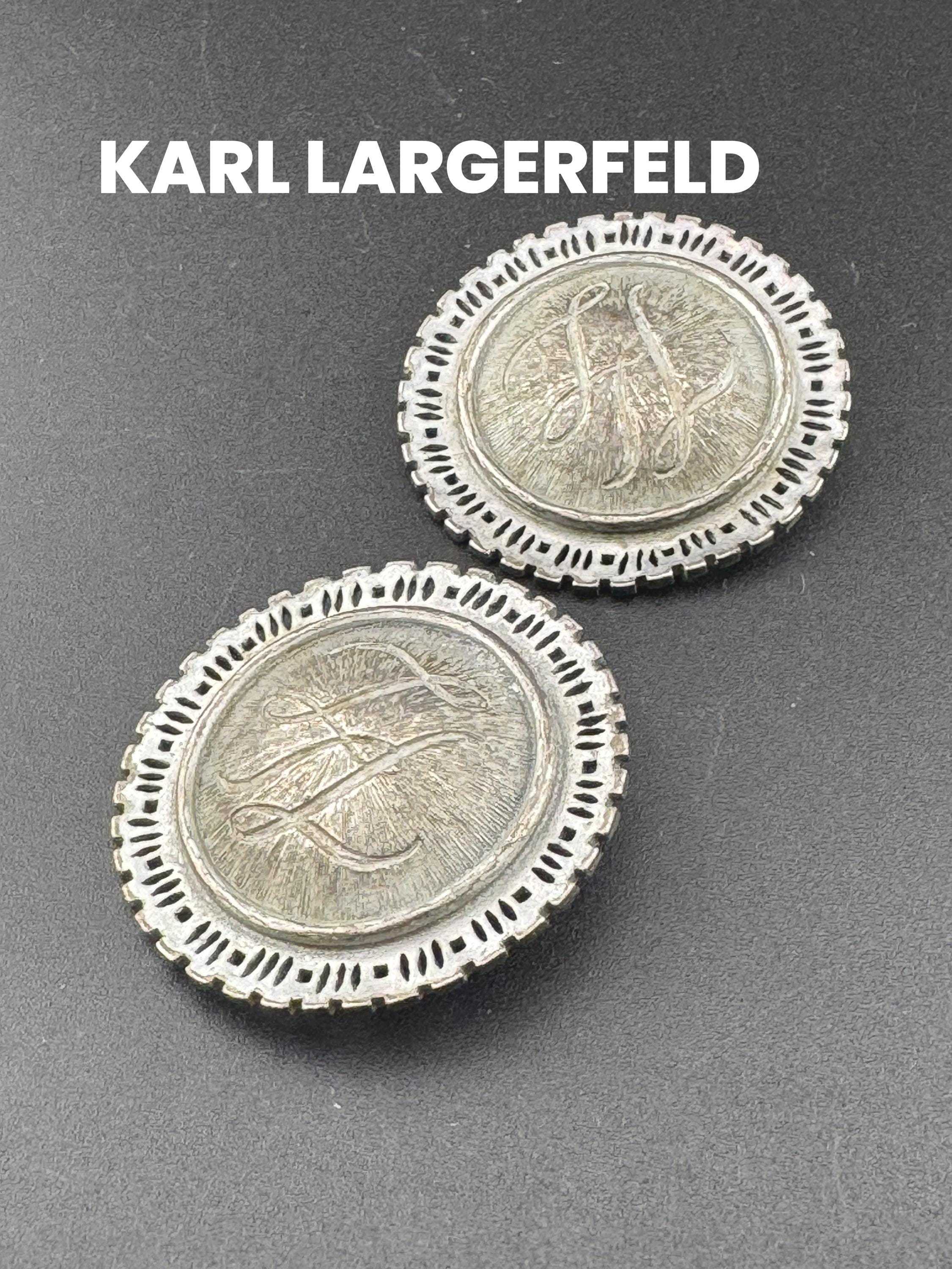 Vintage Signed Karl Lagerfeld vintage oversized dark steel Silver tone metal 4.5cm round disc earrings, designer