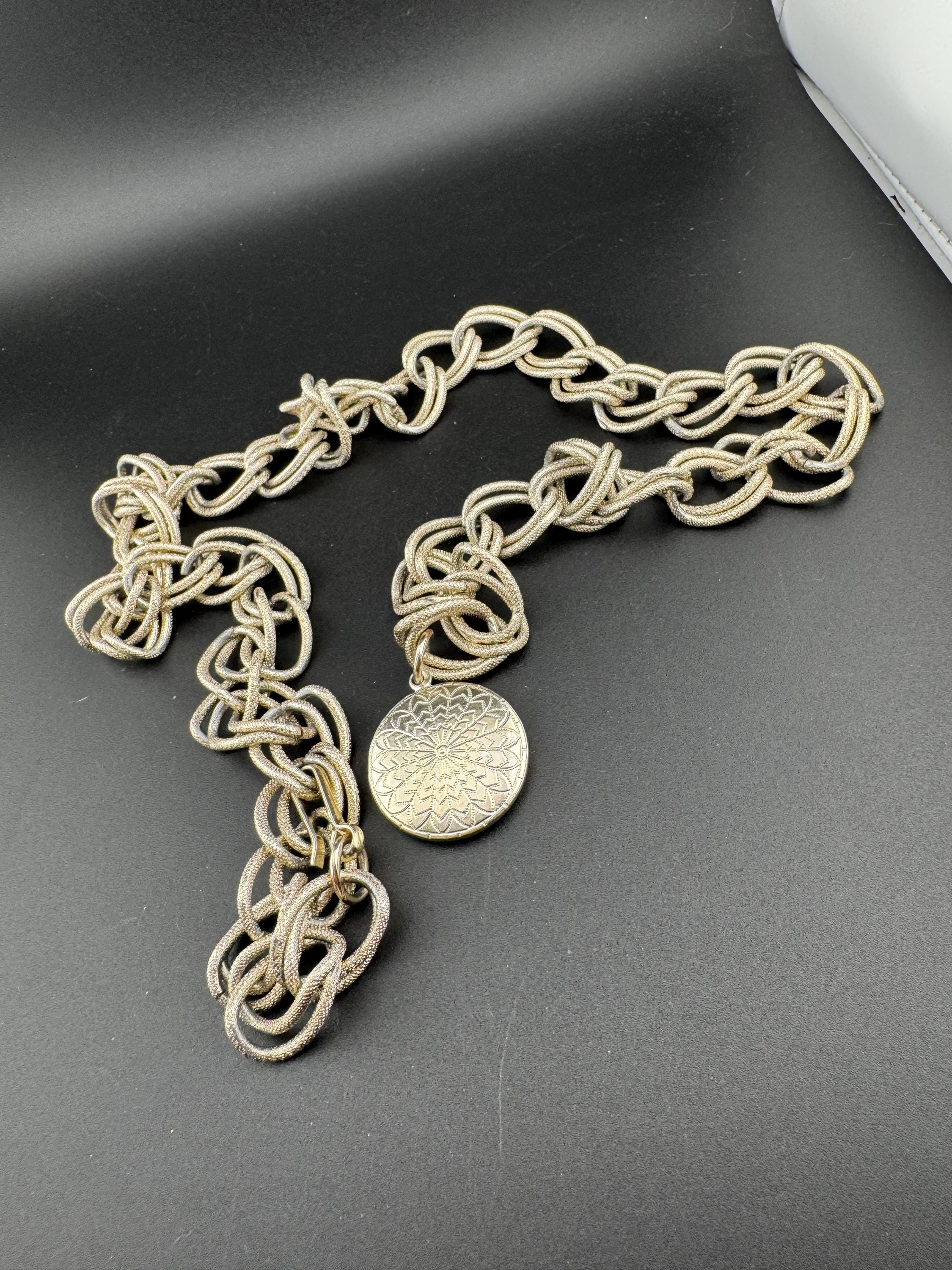 Lightweight aluminium vintage silver tone floral panel link chain belt with coin dropper to 84cm