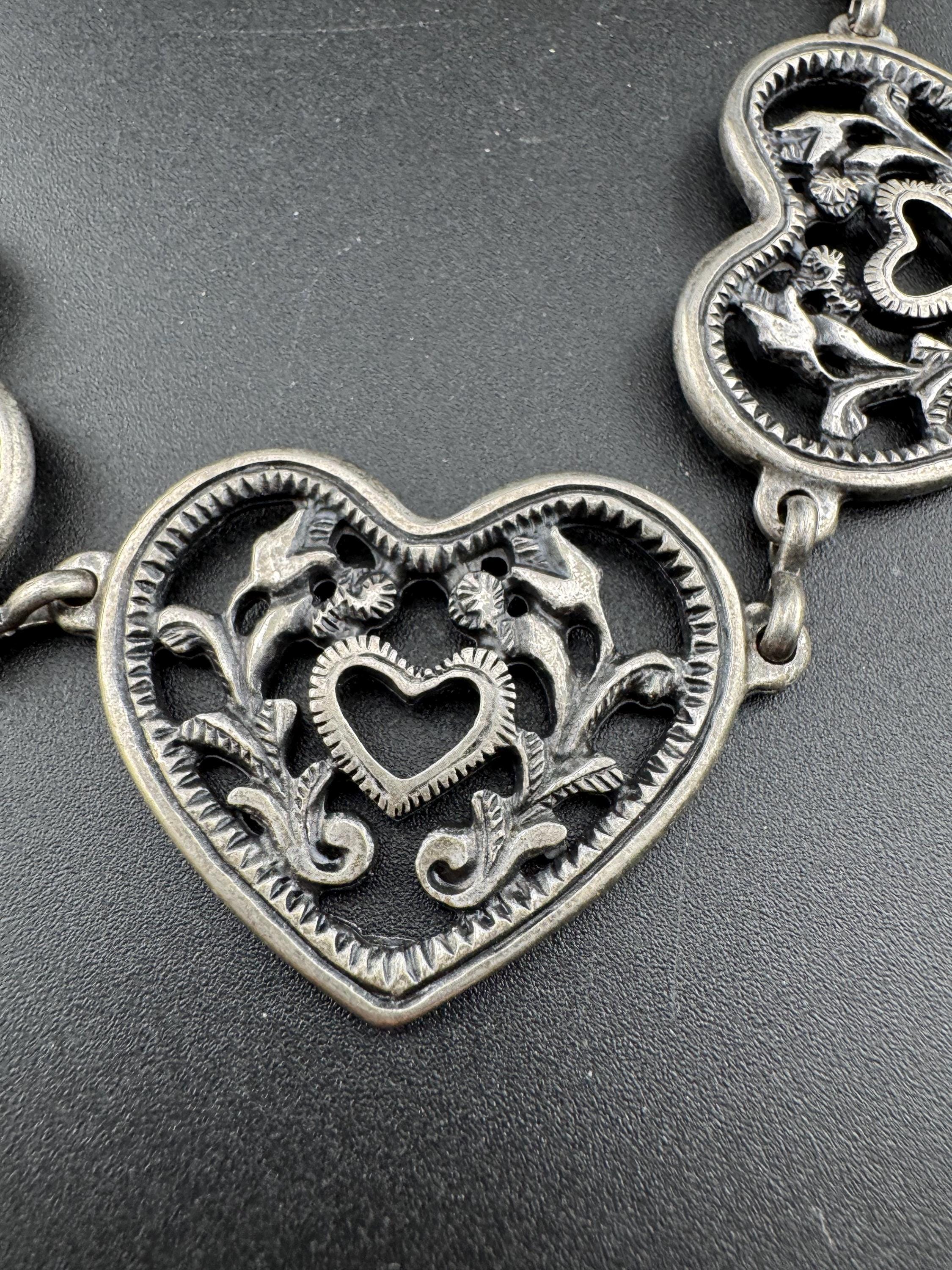 Retro gun metal dark grey silver tone heavy love heart chain link belt to 115cm