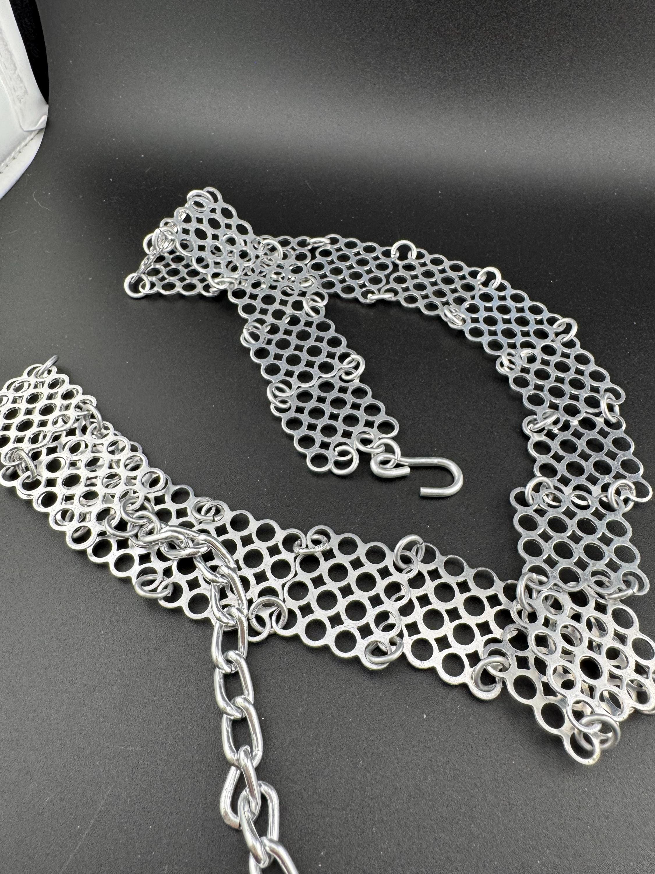 Lightweight aluminium vintage silver tone open work panel link chain belt 81cm to 93cm