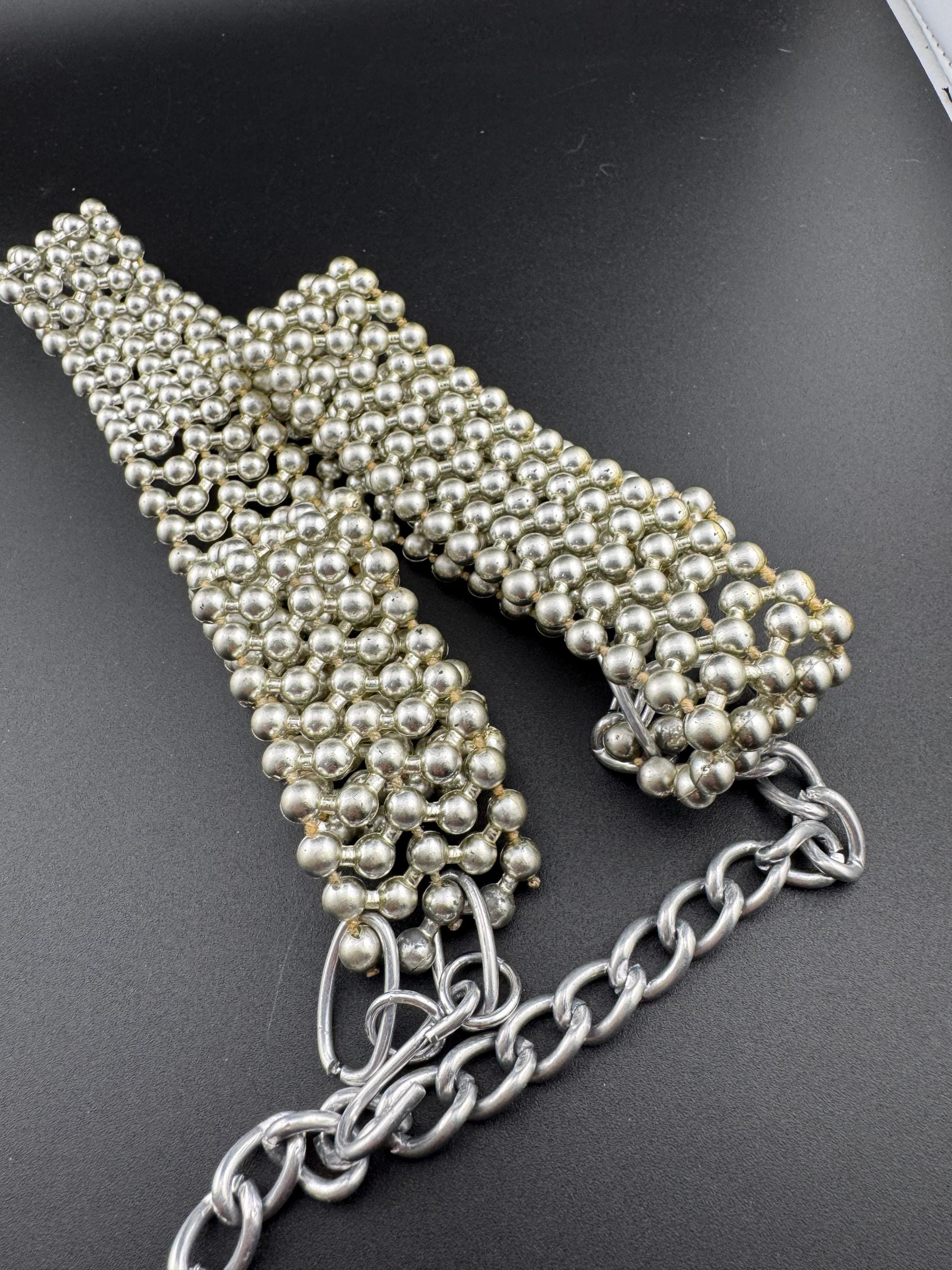 82-95cm As found retro silver tone beaded adjustable silver chain link belt with wear