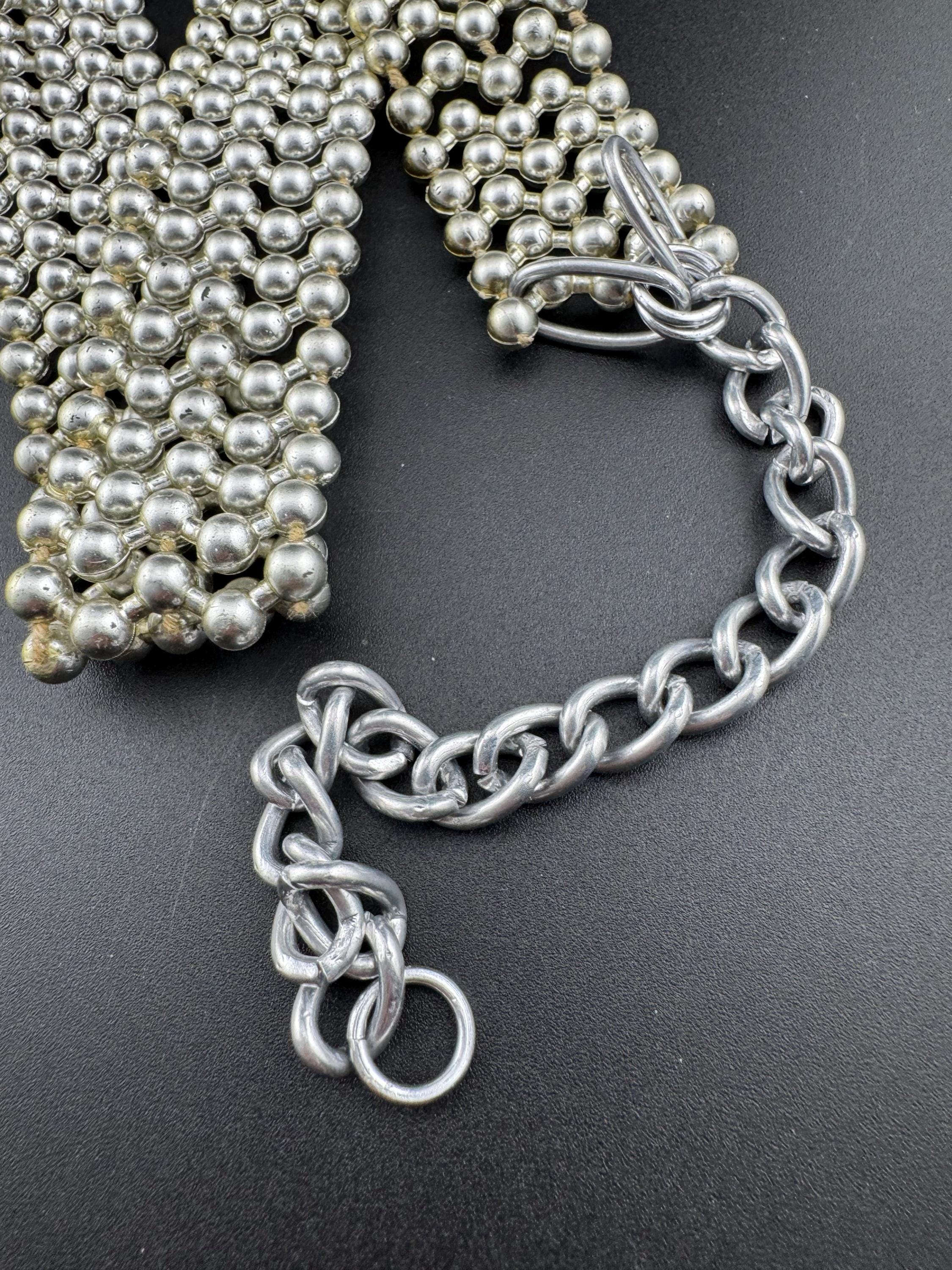 82-95cm As found retro silver tone beaded adjustable silver chain link belt with wear