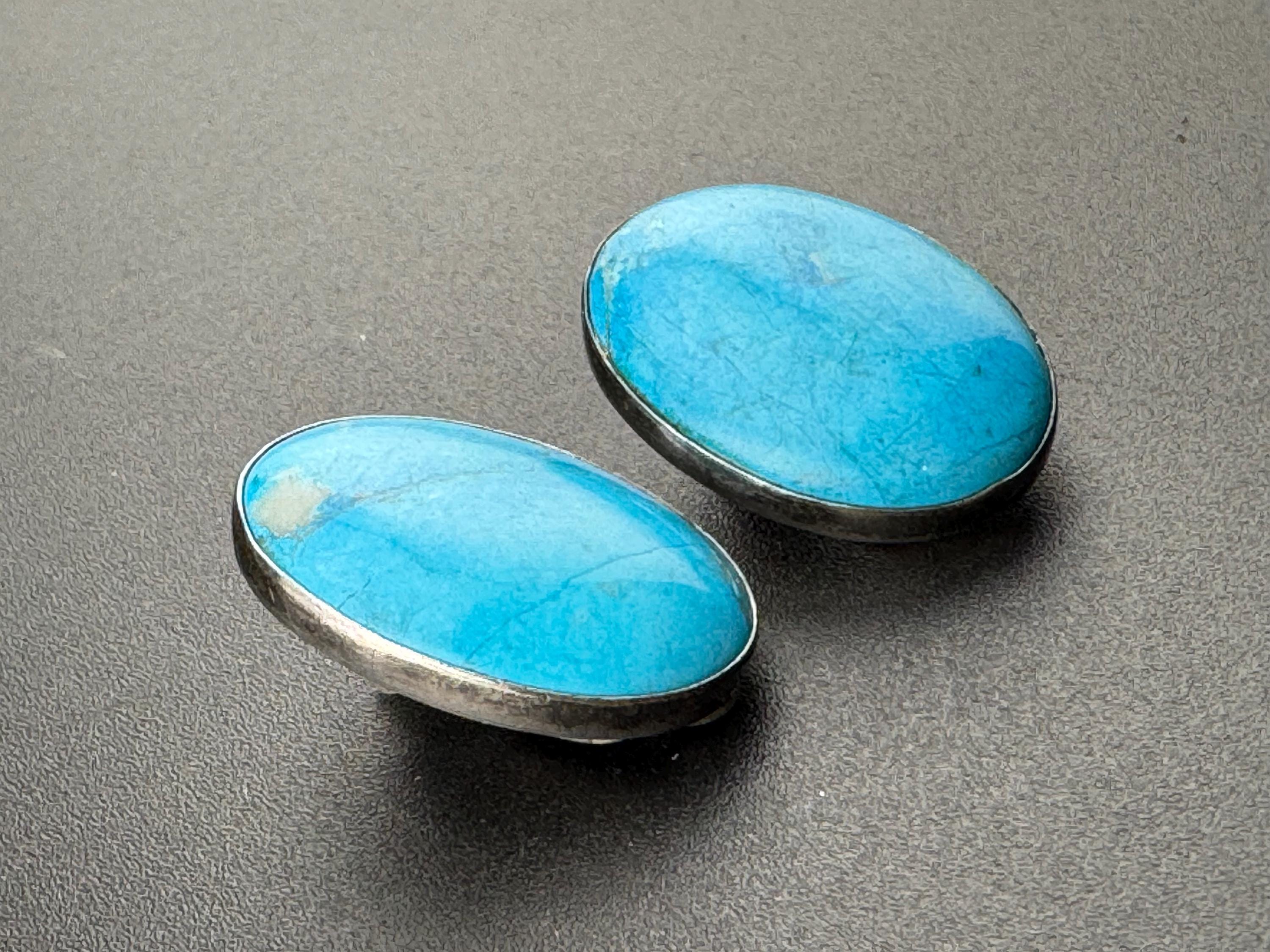 Vintage 925 modernist sterling silver oval turquoise gemstone clip on earrings 2.5cm