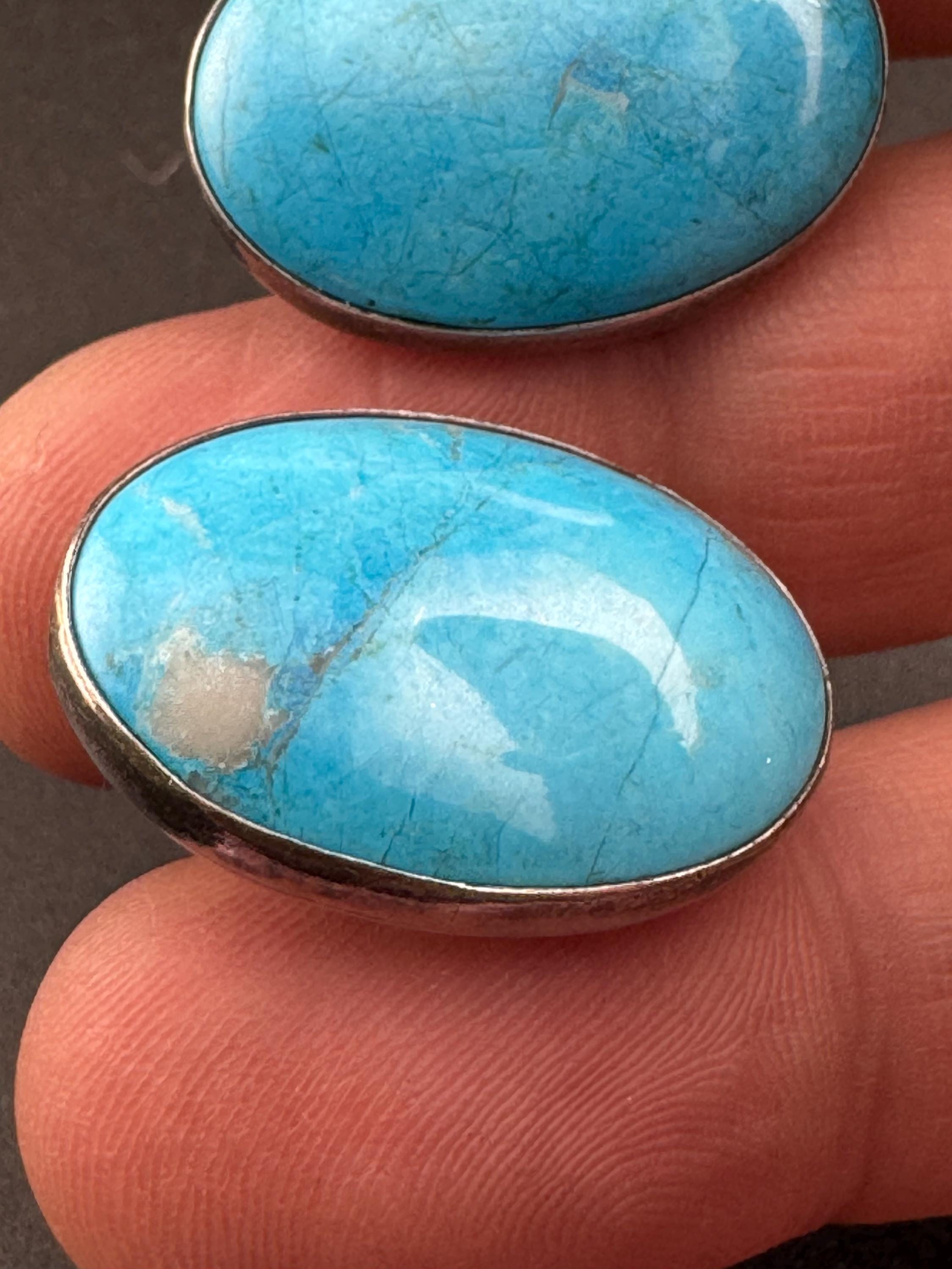 Vintage 925 modernist sterling silver oval turquoise gemstone clip on earrings 2.5cm