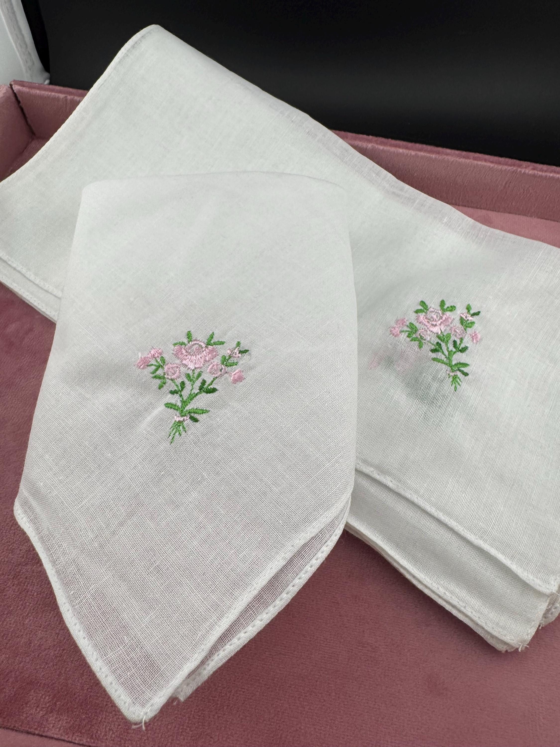 Set of 12 Retro White Pink and Green Floral fine Cotton embroidered Handkerchiefs, hankies ideal for Weddings and vintage tea party