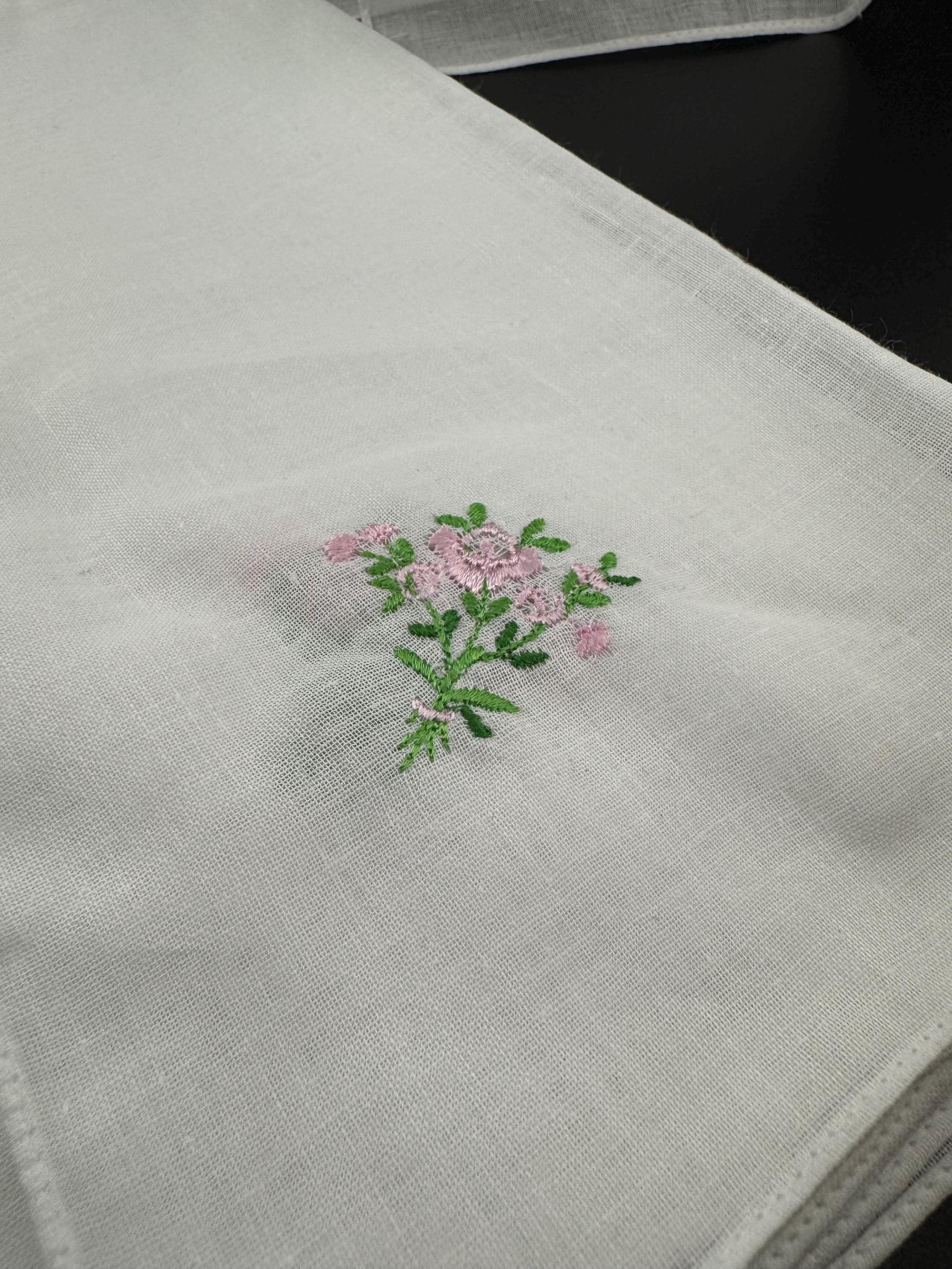 Set of 12 Retro White Pink and Green Floral fine Cotton embroidered Handkerchiefs, hankies ideal for Weddings and vintage tea party