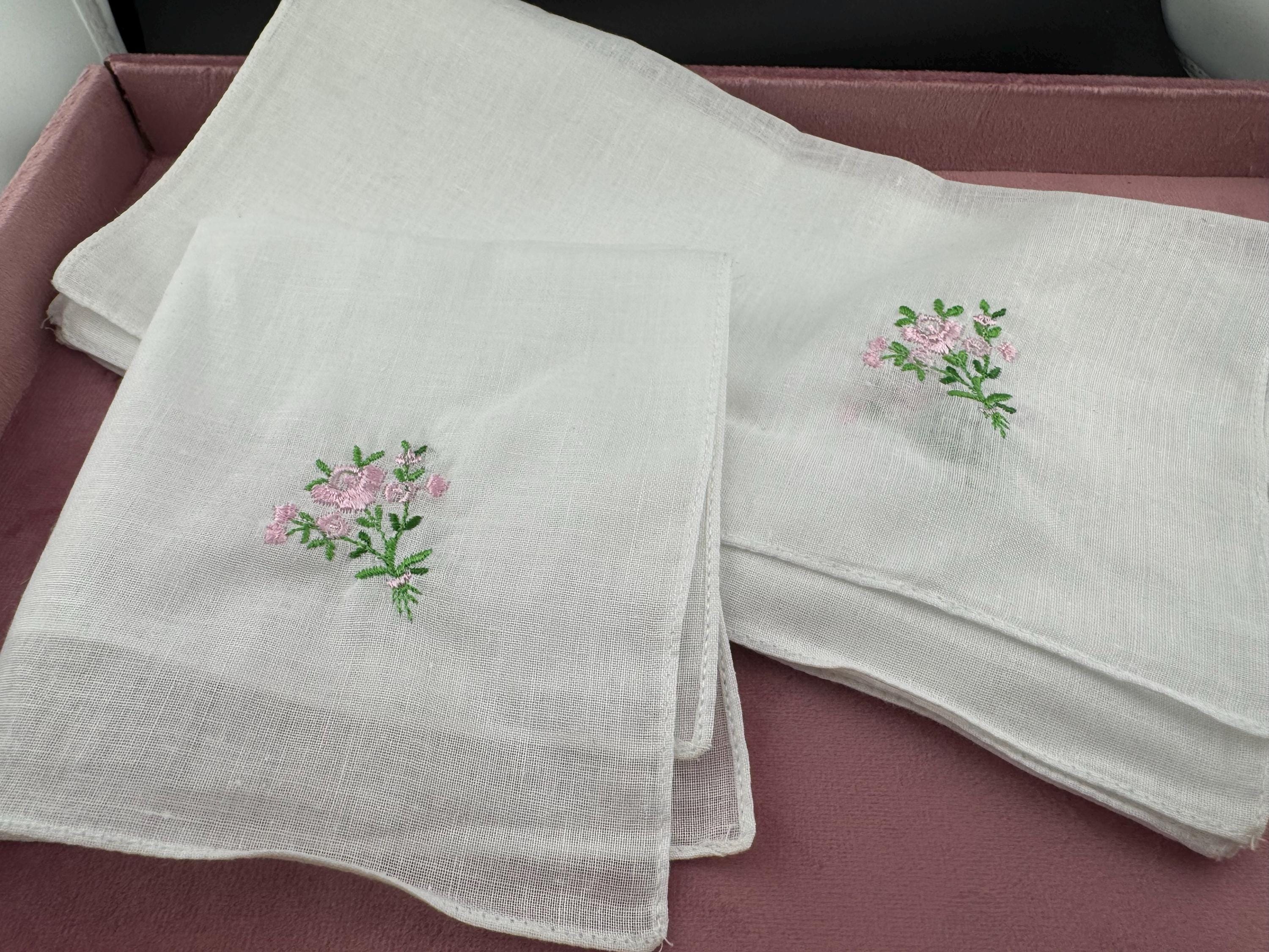 Set of 12 Retro White Pink and Green Floral fine Cotton embroidered Handkerchiefs, hankies ideal for Weddings and vintage tea party