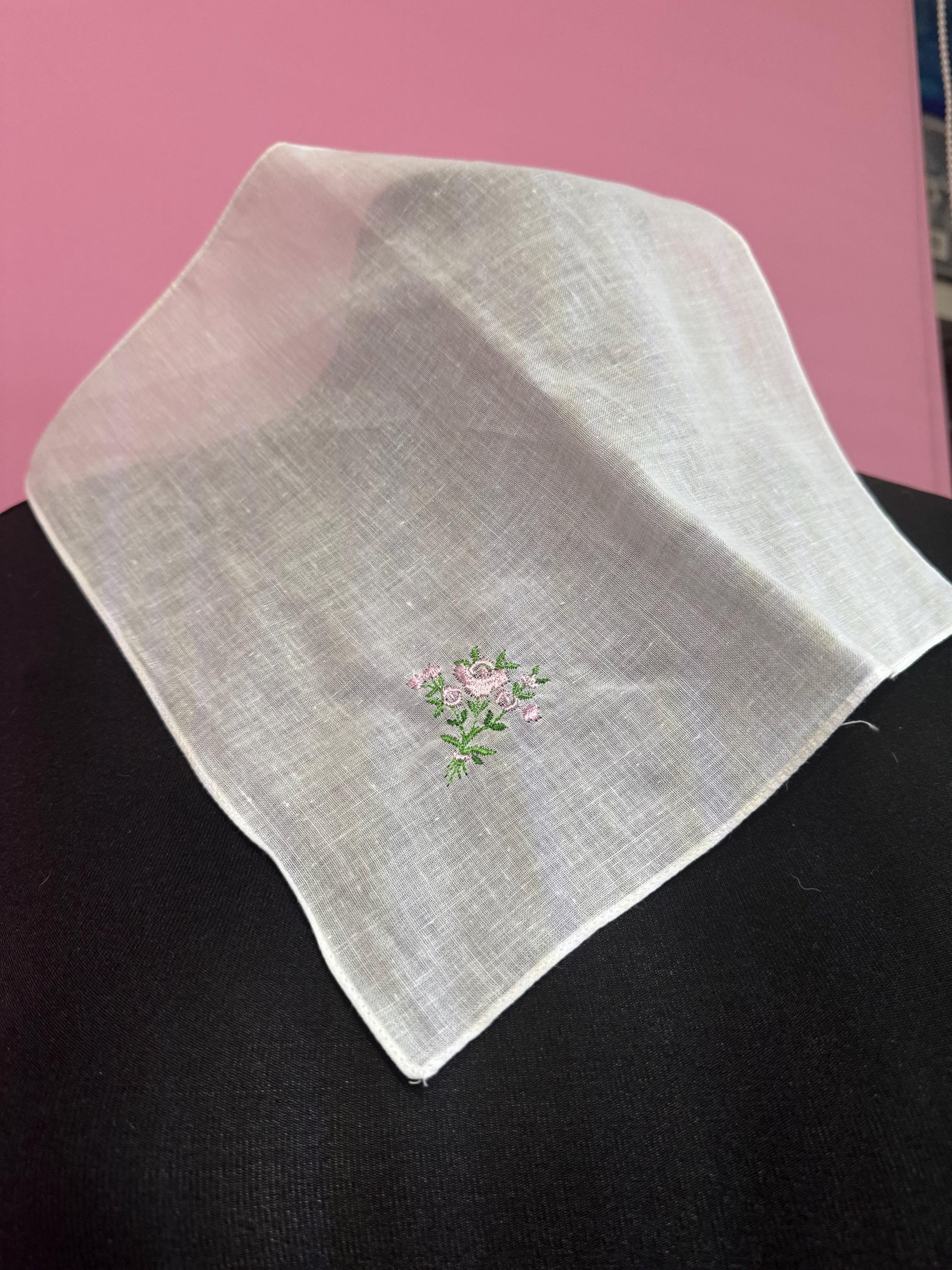 Set of 12 Retro White Pink and Green Floral fine Cotton embroidered Handkerchiefs, hankies ideal for Weddings and vintage tea party