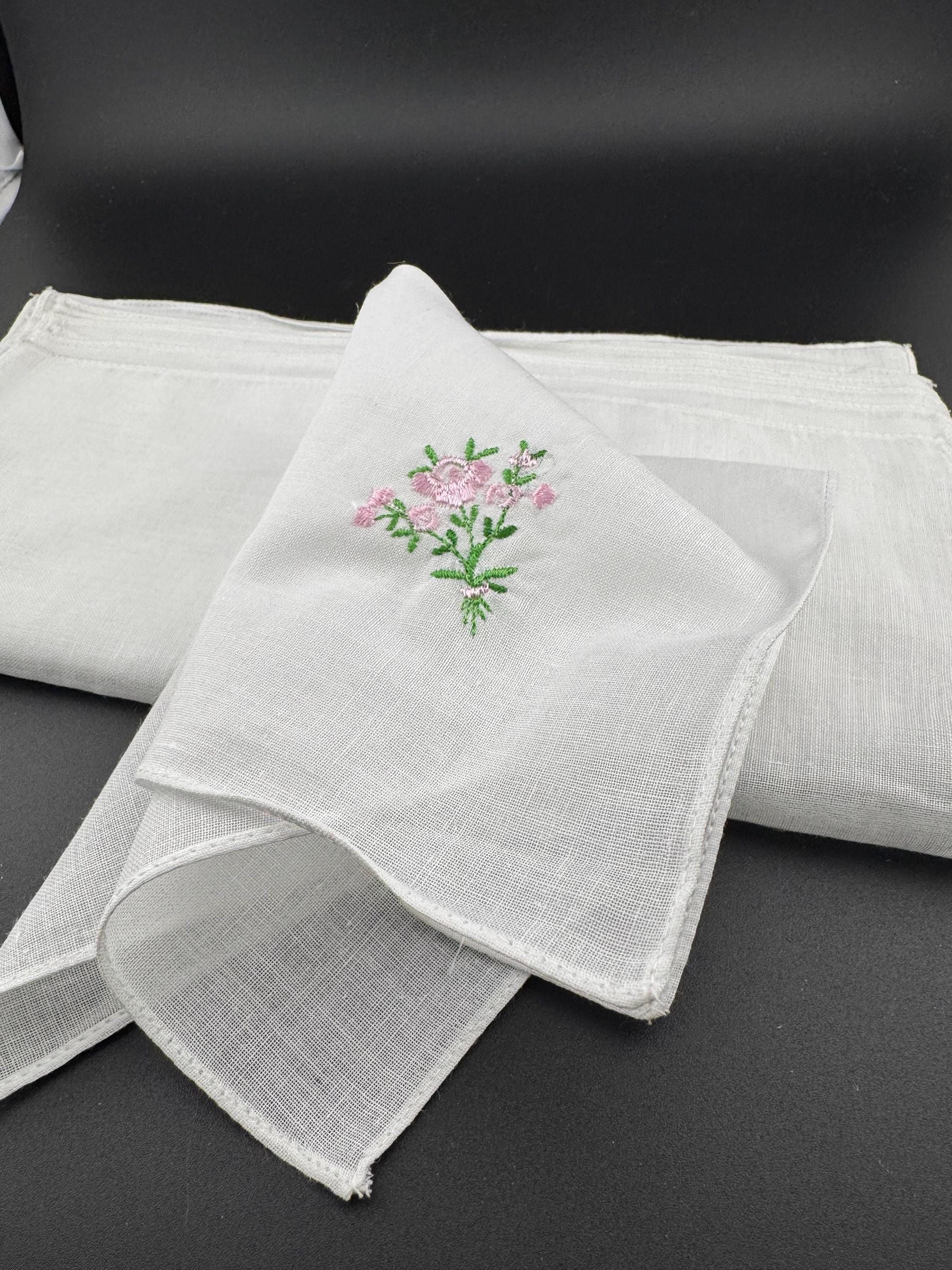 Set of 12 Retro White Pink and Green Floral fine Cotton embroidered Handkerchiefs, hankies ideal for Weddings and vintage tea party