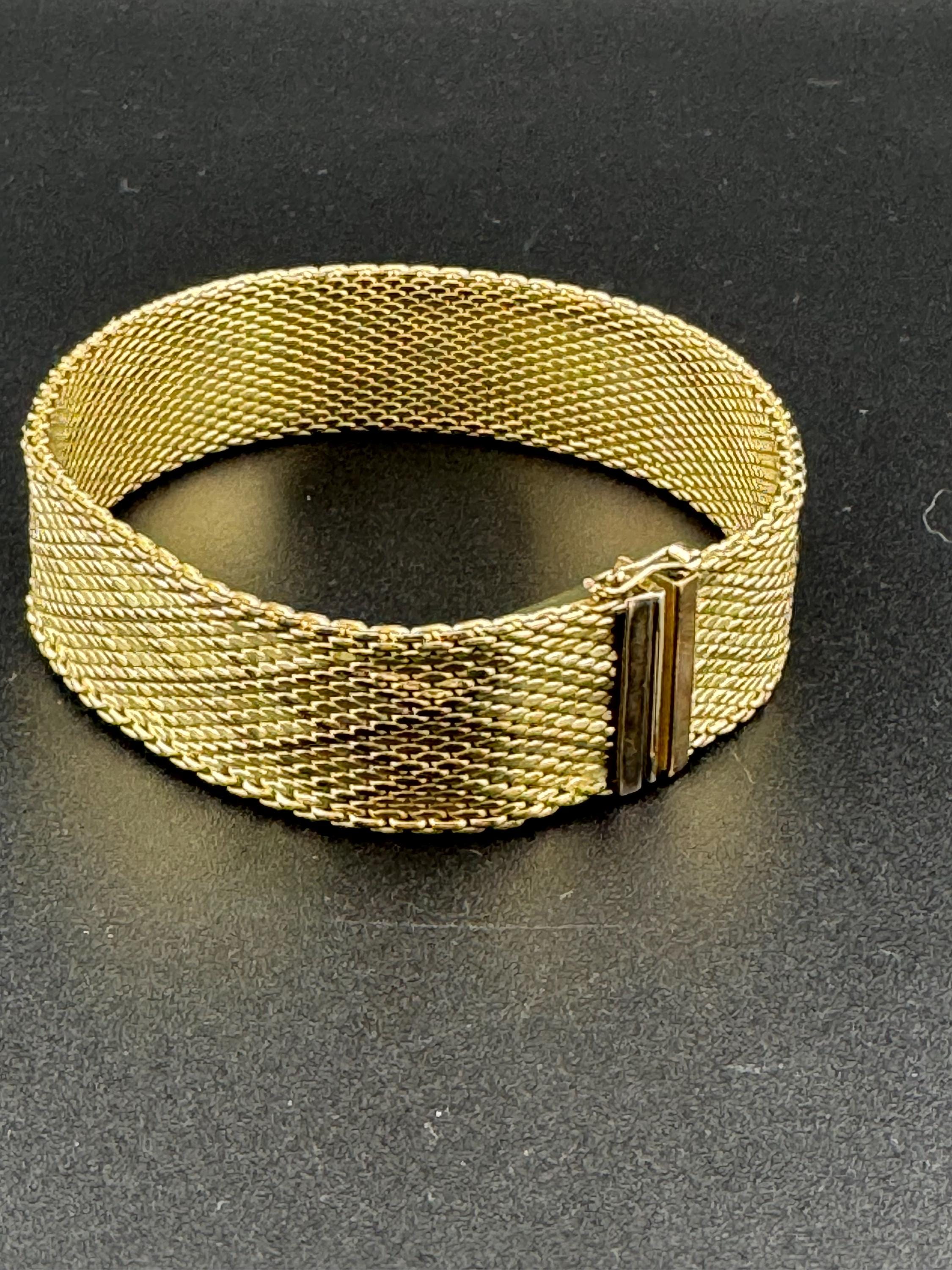 Signed AMERIKANER A&D Andreas Daub German Designer 1970s articulated wide woven mesh gold plated cuff bracelet