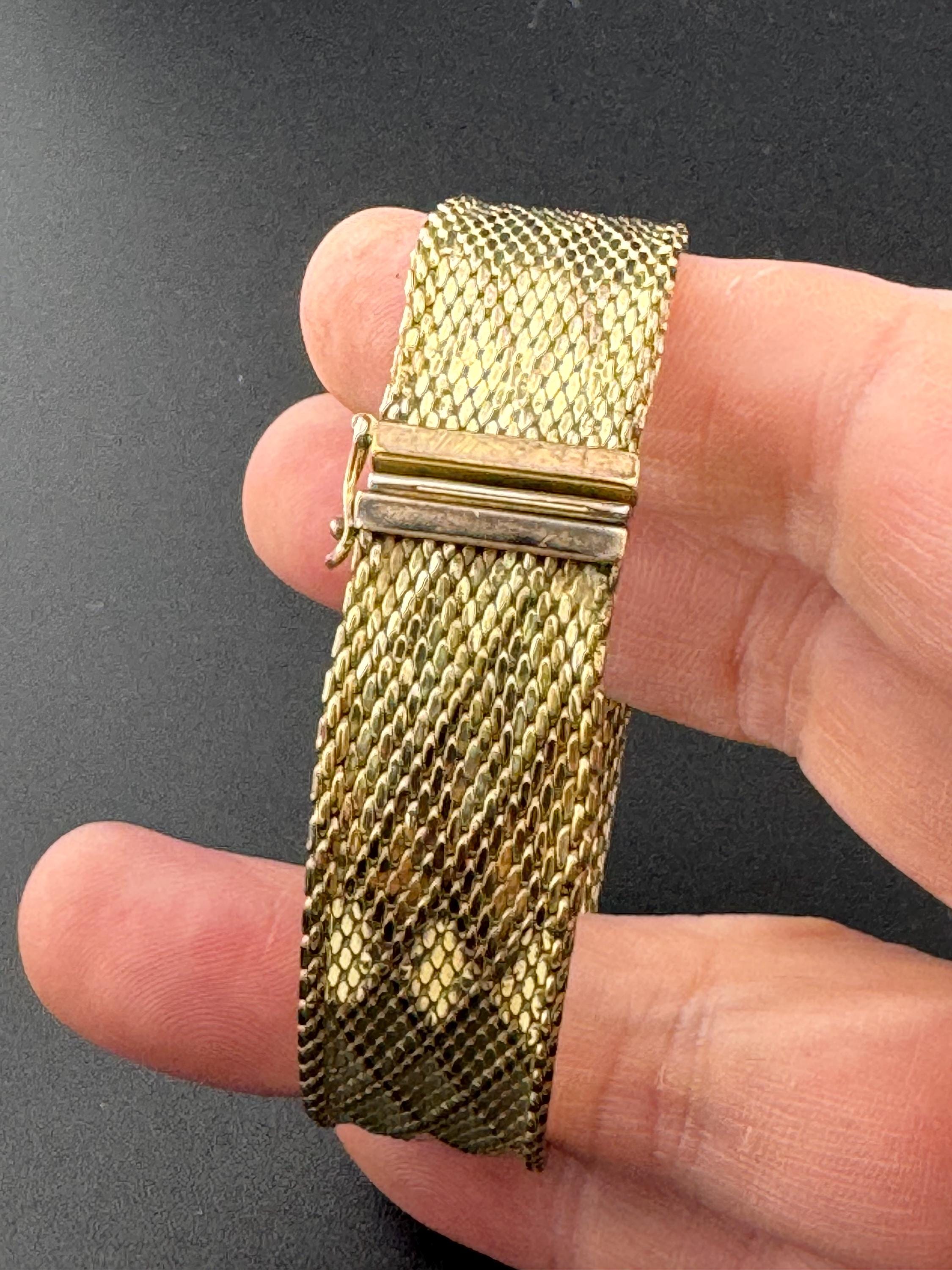 Signed AMERIKANER A&D Andreas Daub German Designer 1970s articulated wide woven mesh gold plated cuff bracelet