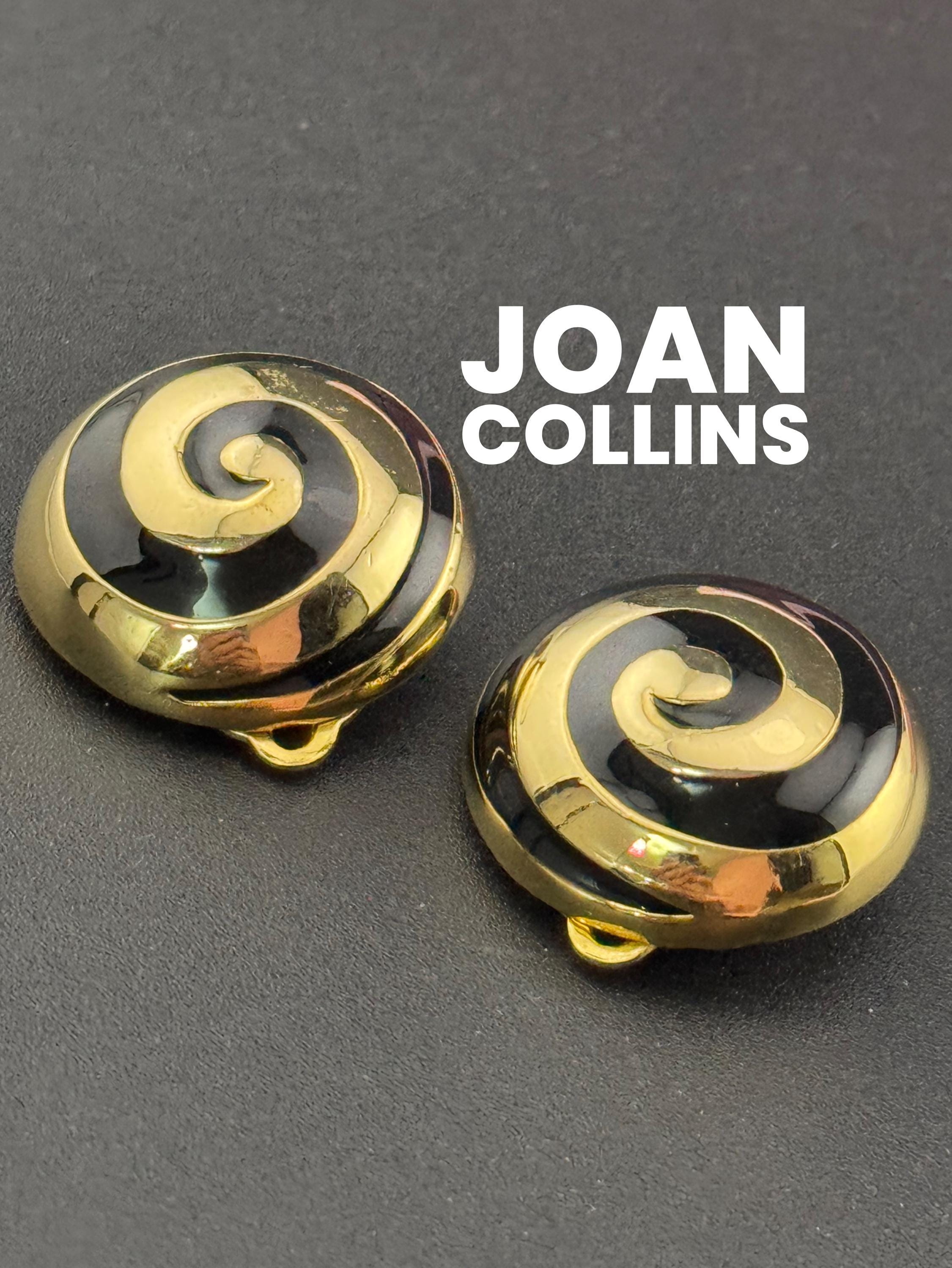 Signed Joan Collins Vintage round black enamel gold tone classic swirl button clip on stud earrings