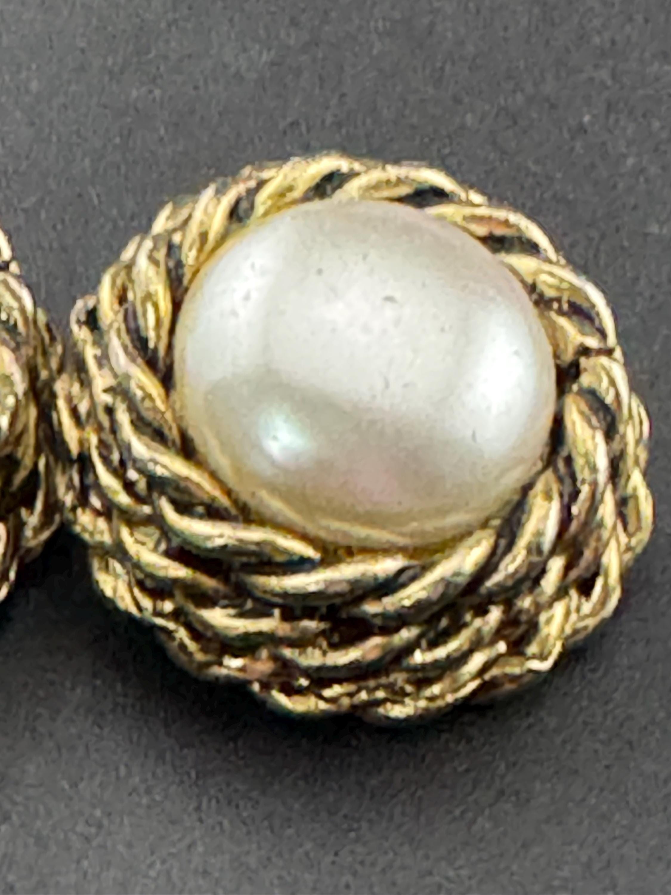 Signed DMJ Vintage gold tone ornate large round clip on faux pearl Stud button earrings 1980s