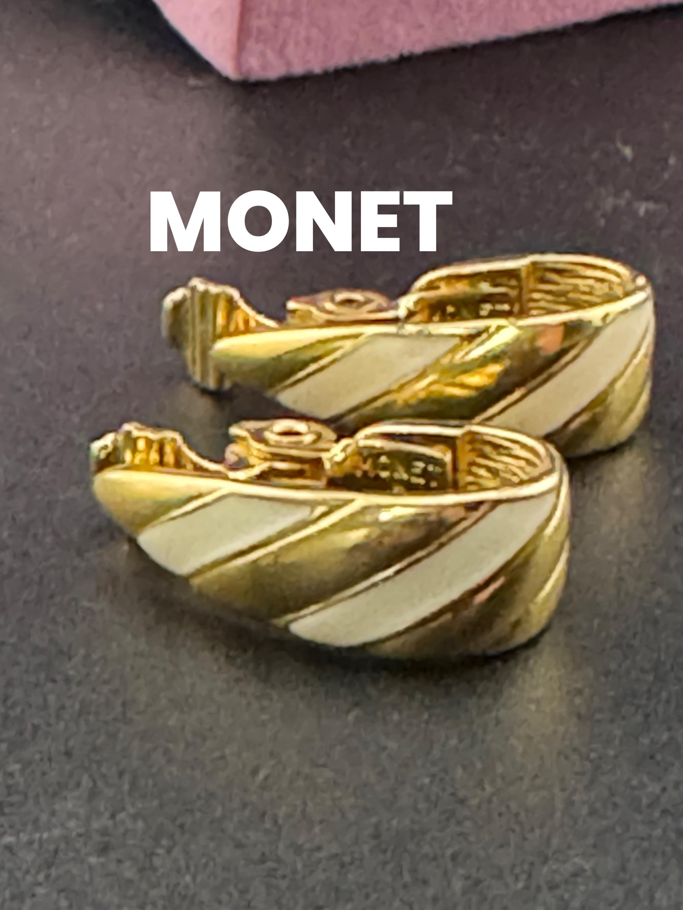 Signed MONET Gold tone neutral cream enamel small hoop clip on earrings