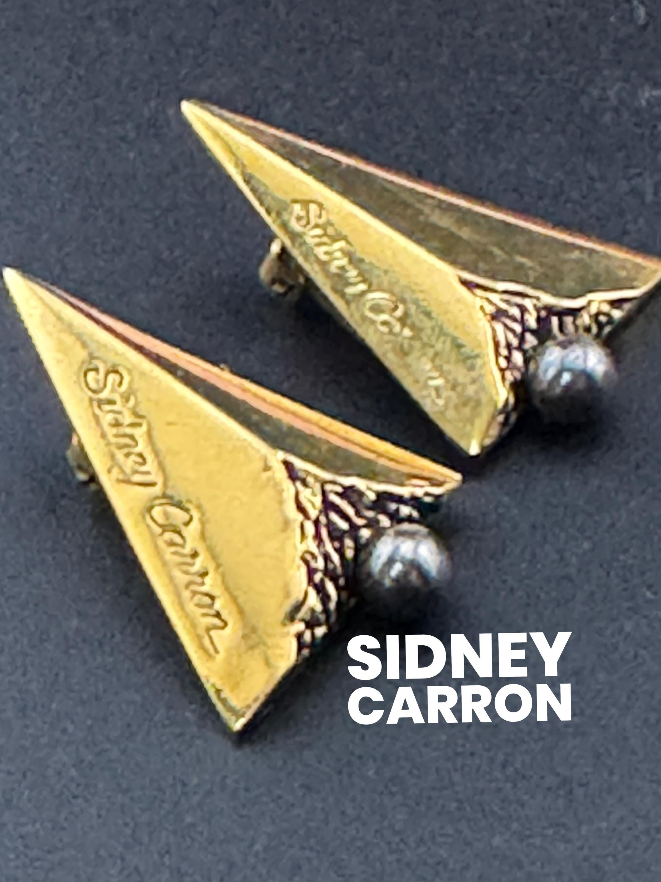 Signed SIDNEY CARRON Paris French designer large gold tone with silver ball arrow head clip on earrings