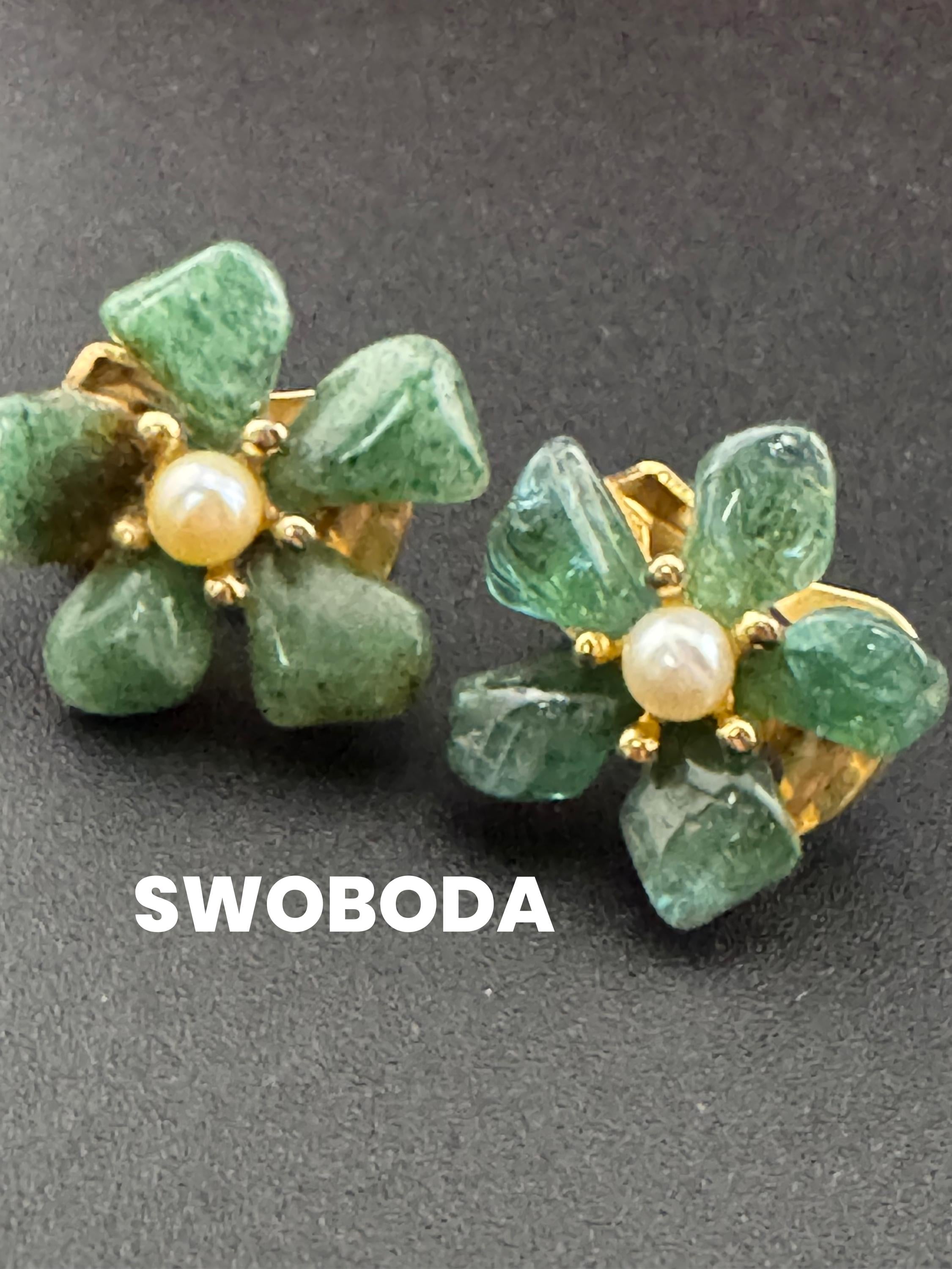 Vintage Swoboda clip on earrings floral set with green jade and pearl gemstone