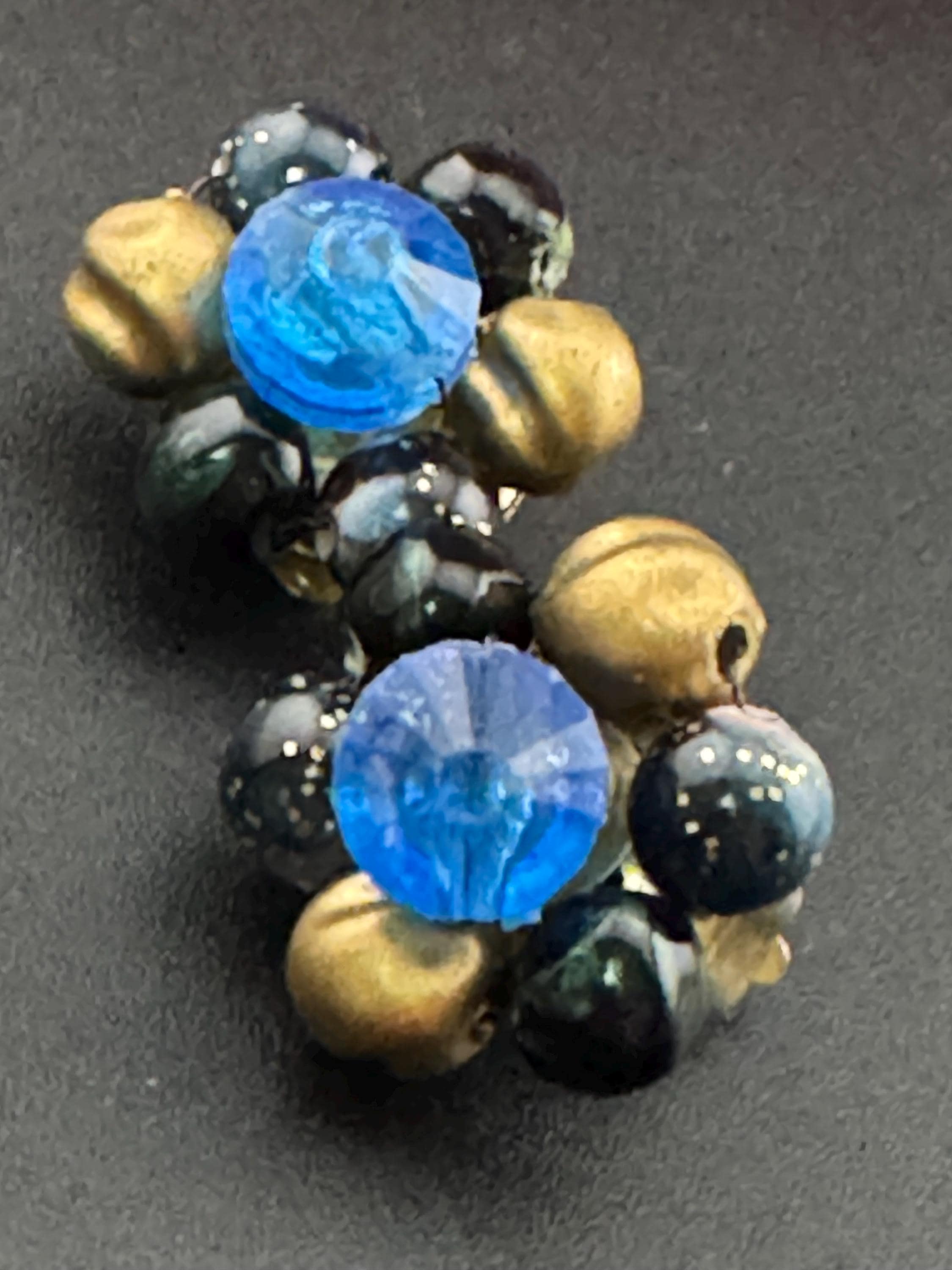 Signed Hong Kong Vintage 1940s 1950s black and blue beaded gold tone Cluster Clip On Earrings