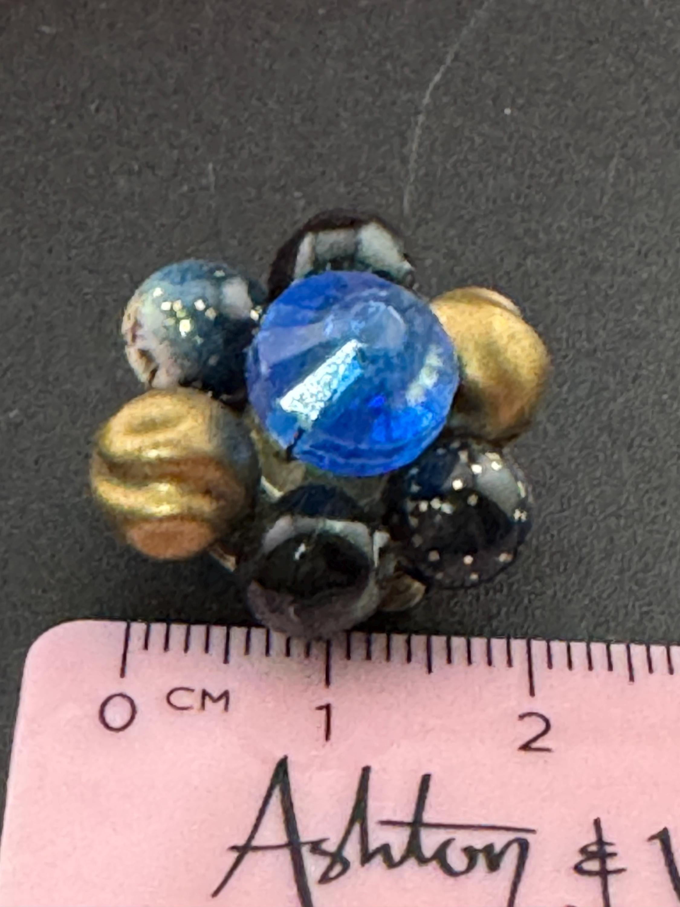 Signed Hong Kong Vintage 1940s 1950s black and blue beaded gold tone Cluster Clip On Earrings