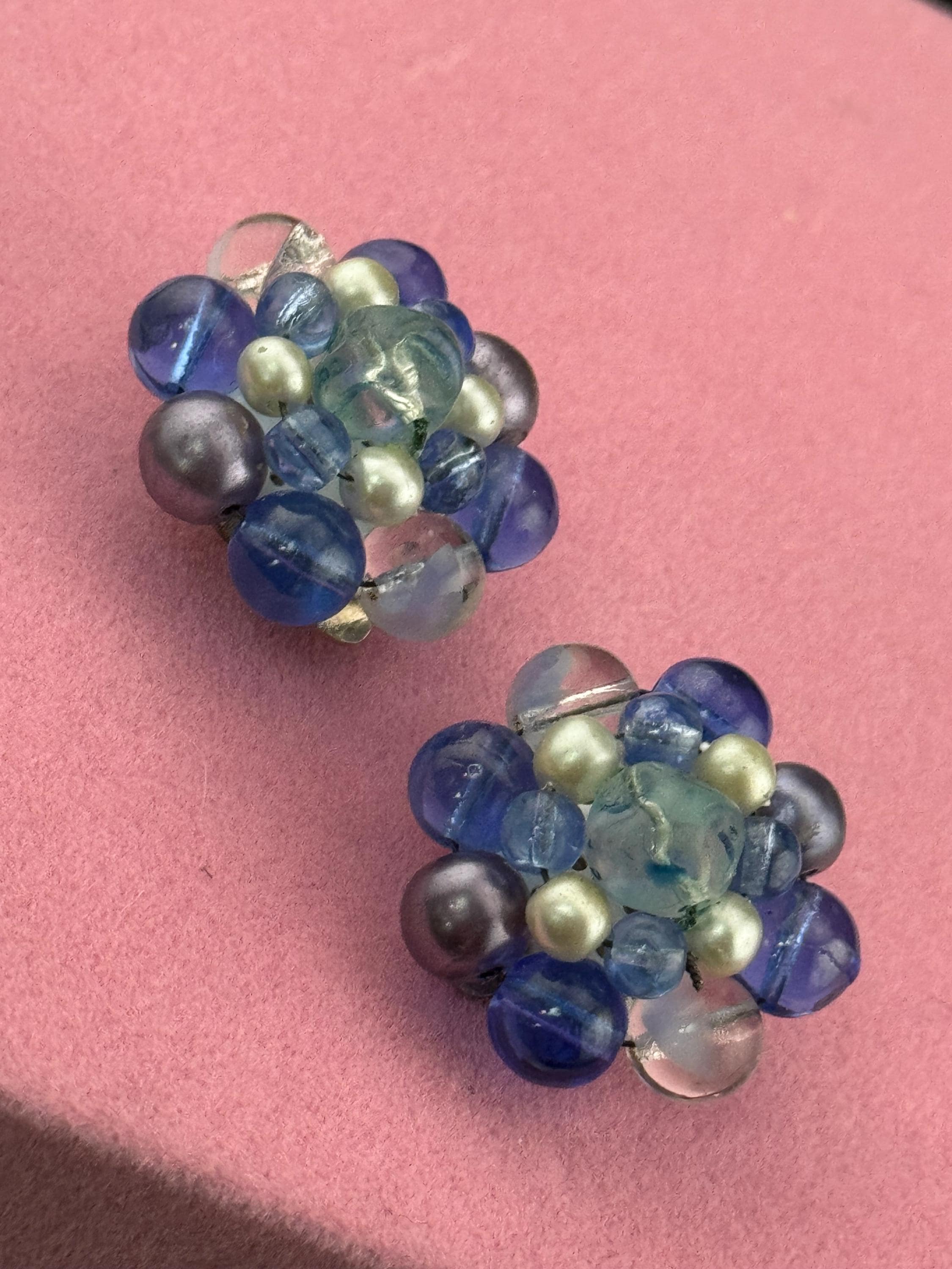 Signed Germany blue clear glass beaded Cluster Clip On Earrings Vintage 1960s