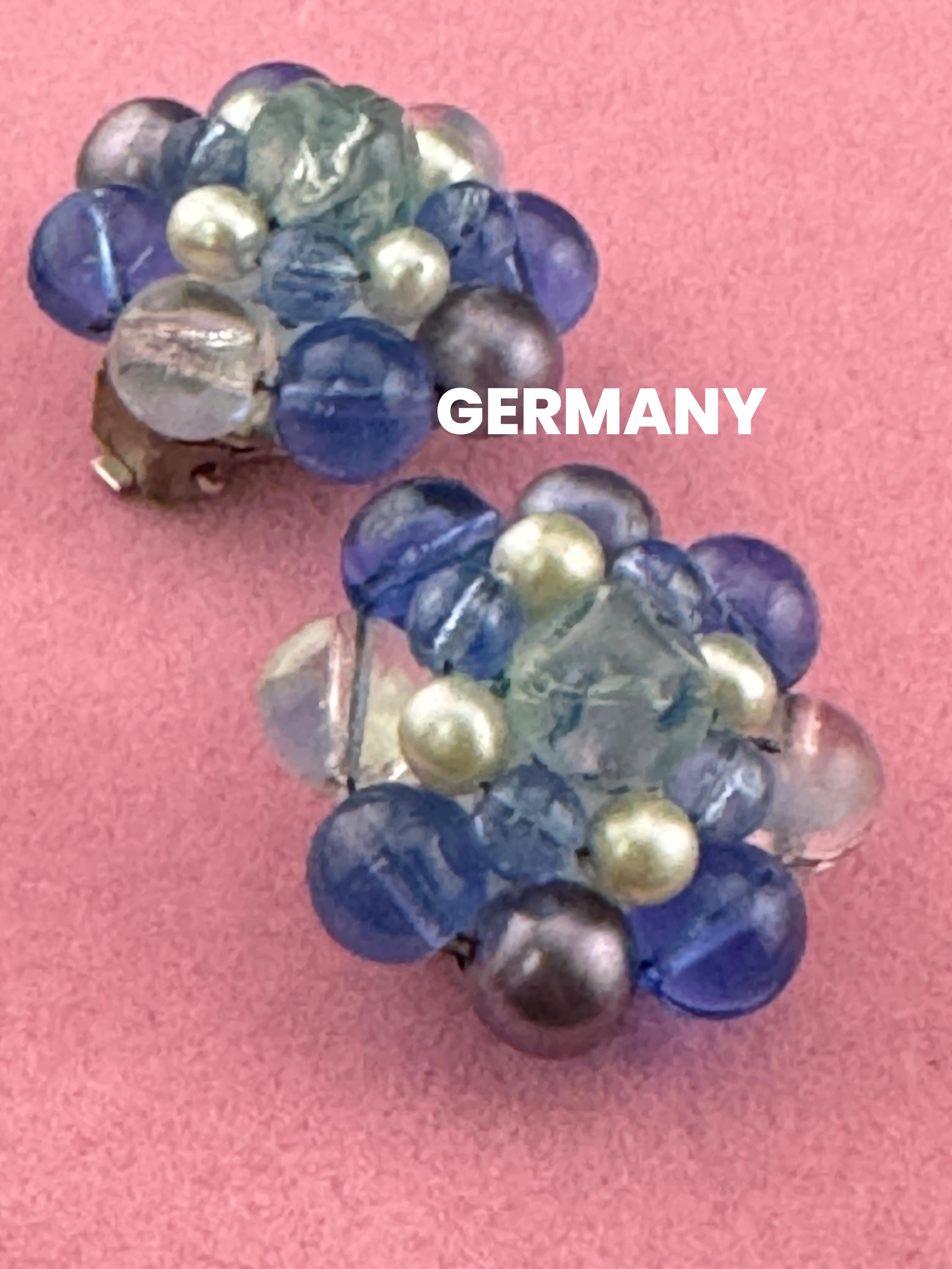 Signed Germany blue clear glass beaded Cluster Clip On Earrings Vintage 1960s