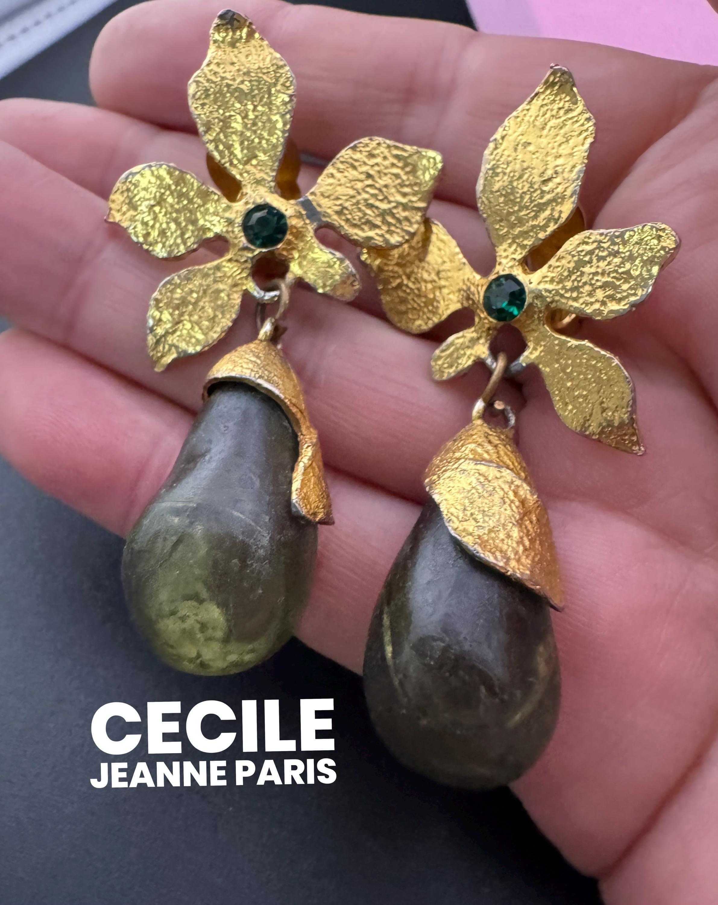 Signed Cecile Jeanne Paris Vintage Gold Tone Etruscan flower drop dangly clip on earrings, vintage French