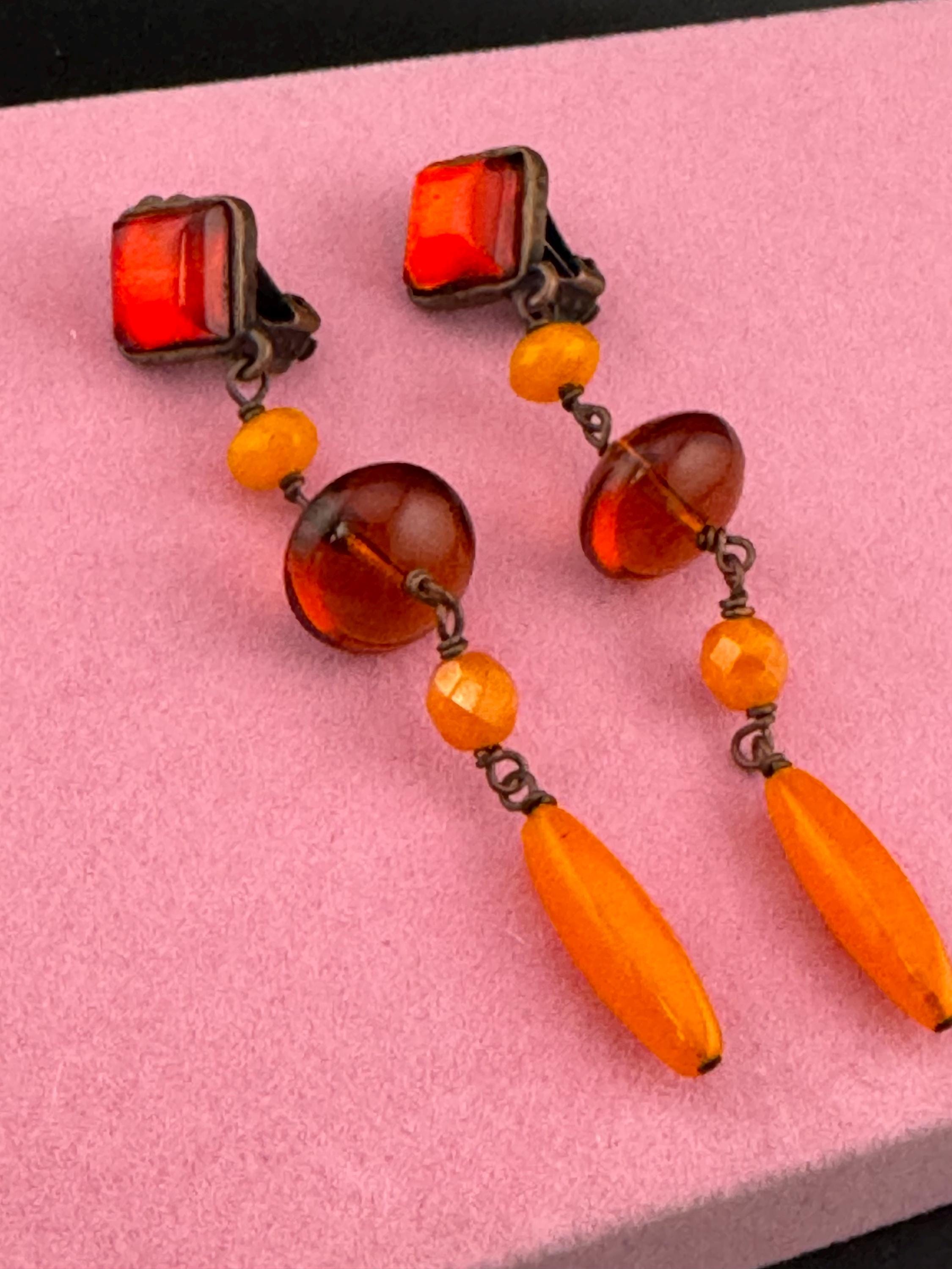 Signed Cecile Jeanne Paris Vintage antique dark Gold Tone orange glass beaded dangly clip on earrings, vintage French