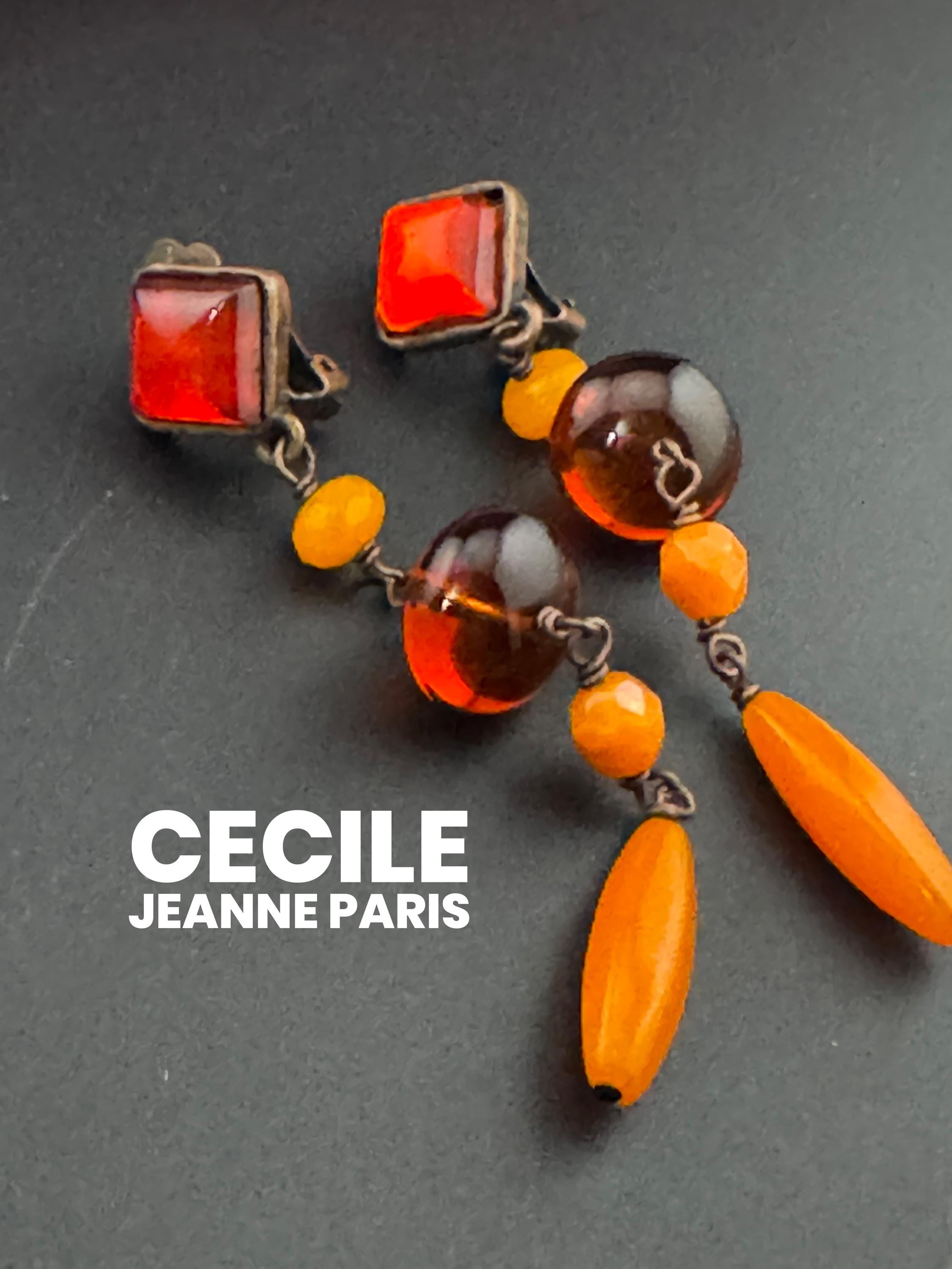 Signed Cecile Jeanne Paris Vintage antique dark Gold Tone orange glass beaded dangly clip on earrings, vintage French