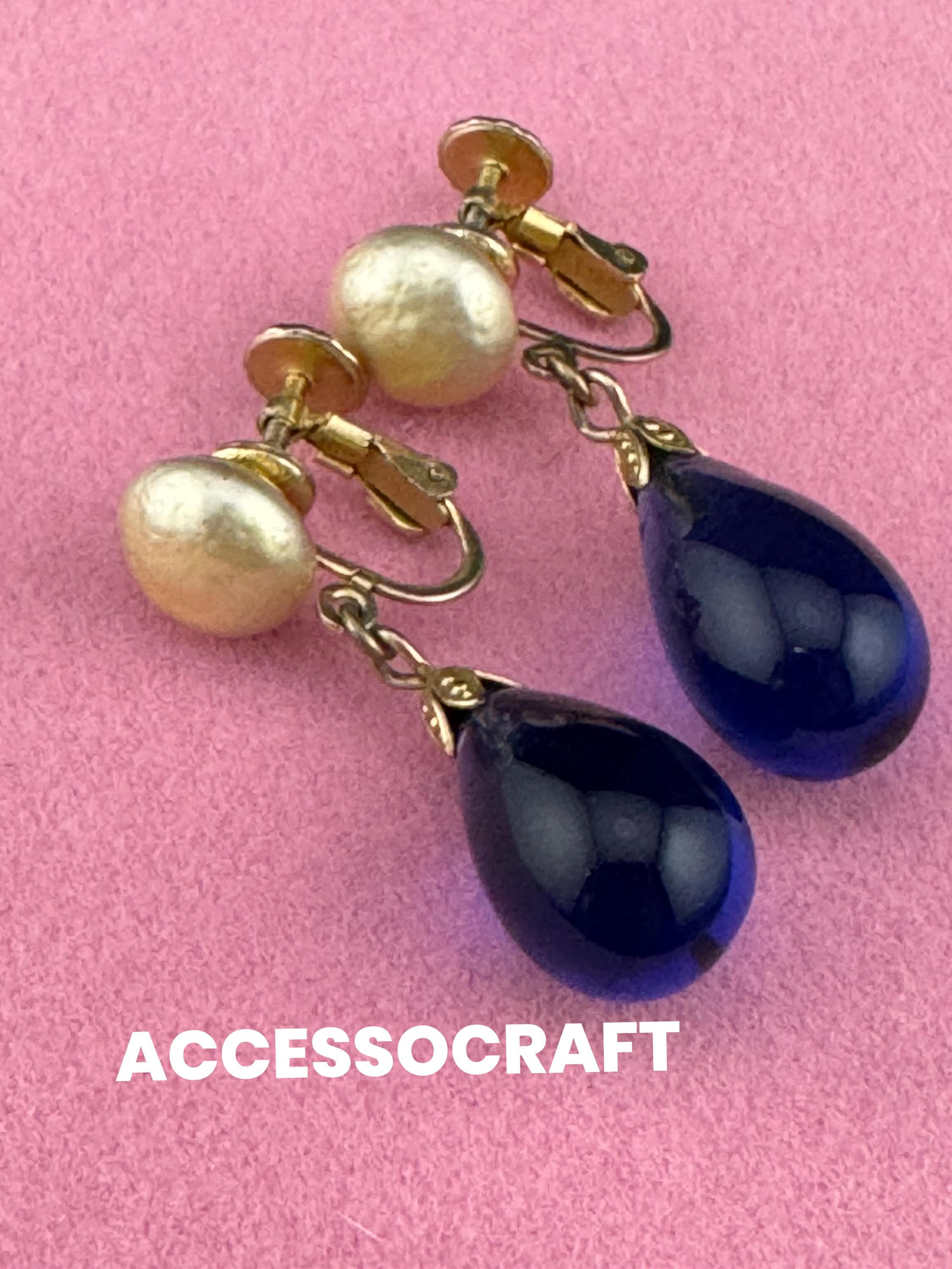 Signed Accesocraft NYC Vintage blue glass teardrop faux pearl dangly drop clip on earrings USA American