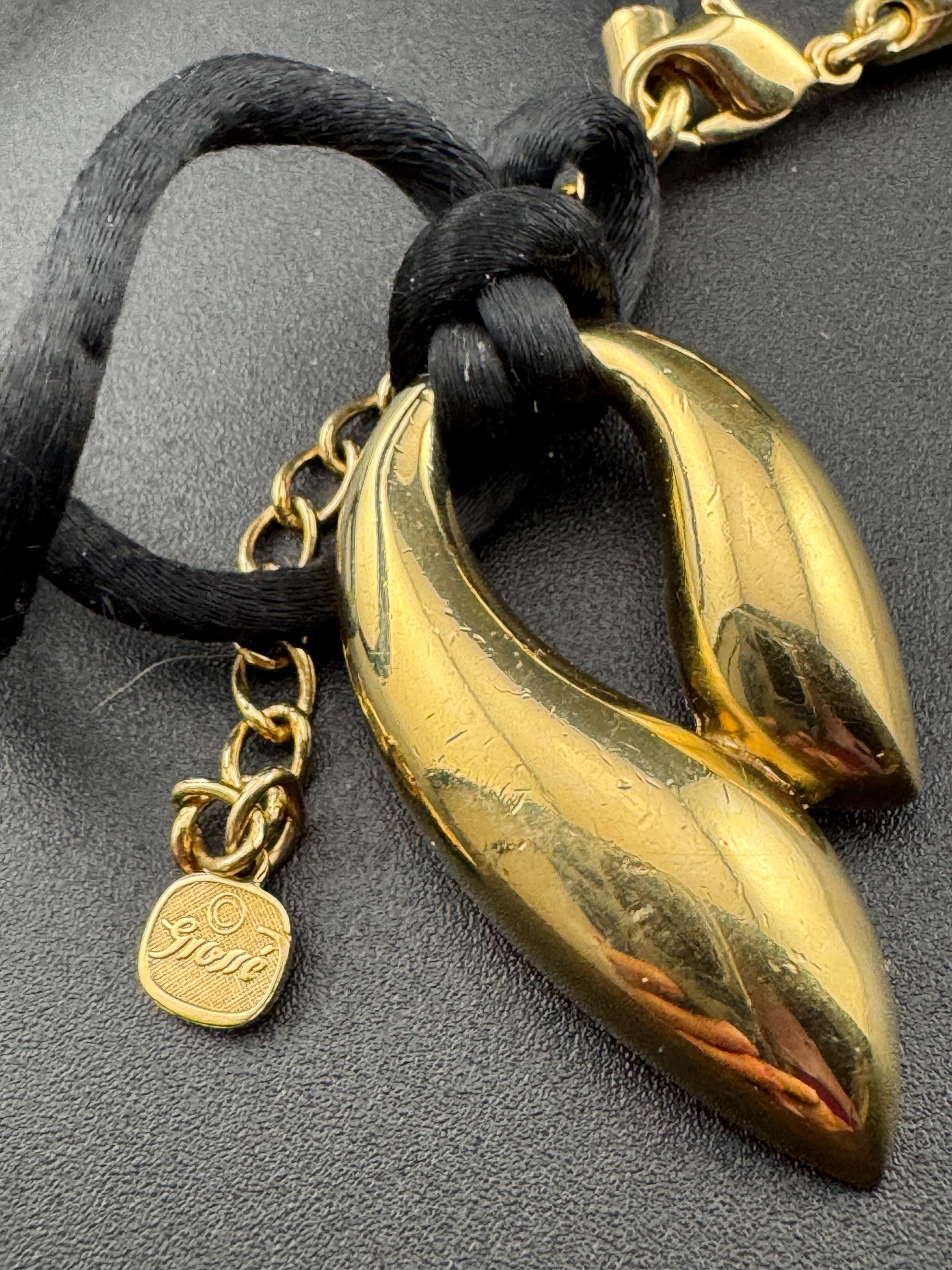 signed GROSSE Designer retro gold plated pendant necklace on black fabric cord chain