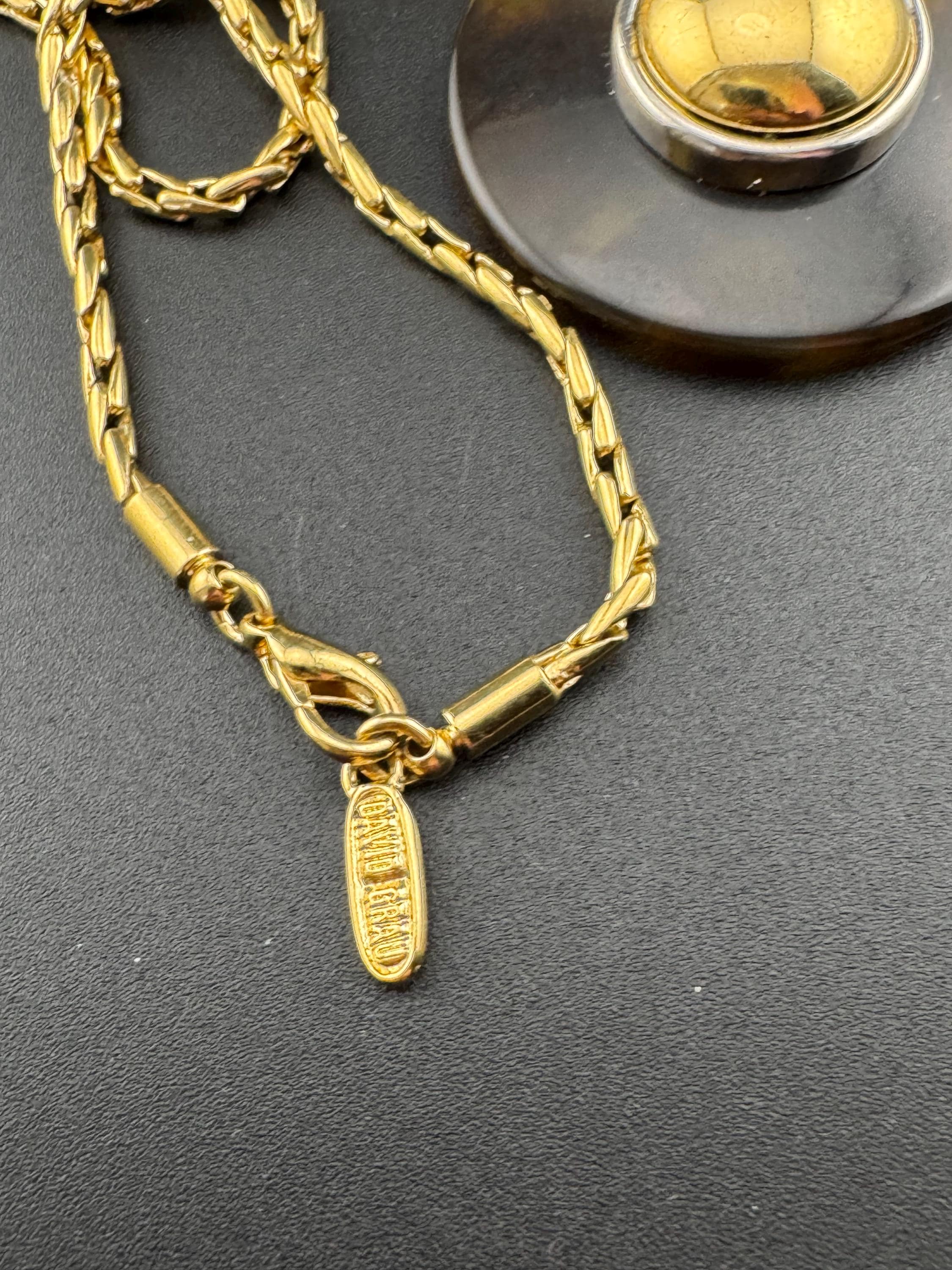 Signed David Grau Vintage gold plated long gold chain necklace with faux tortoiseshell round pendant 80cm, Barcelona designer