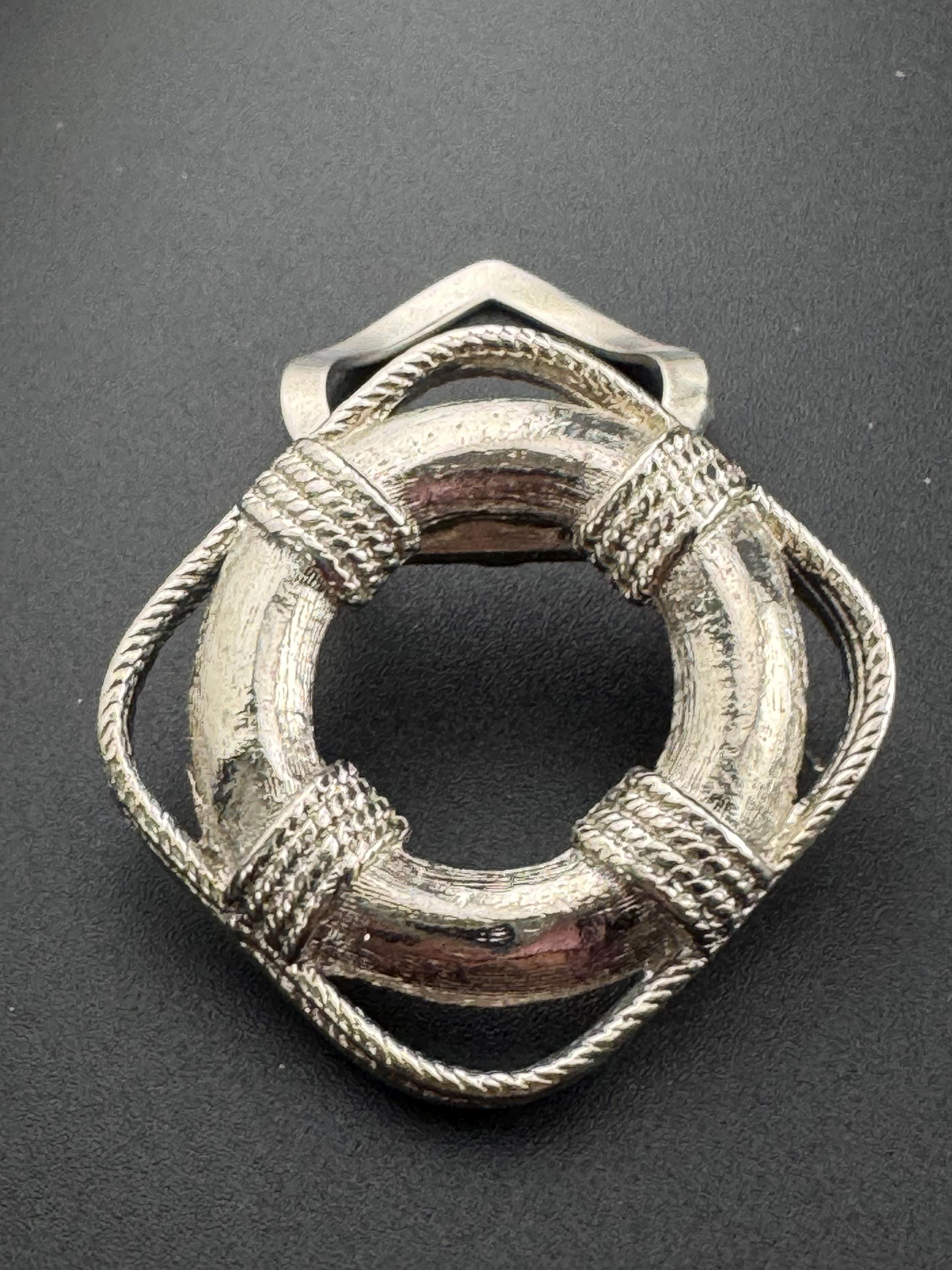 True vintage silver tone nautical rope edge life bouy Scarf Clip ring old shop stock