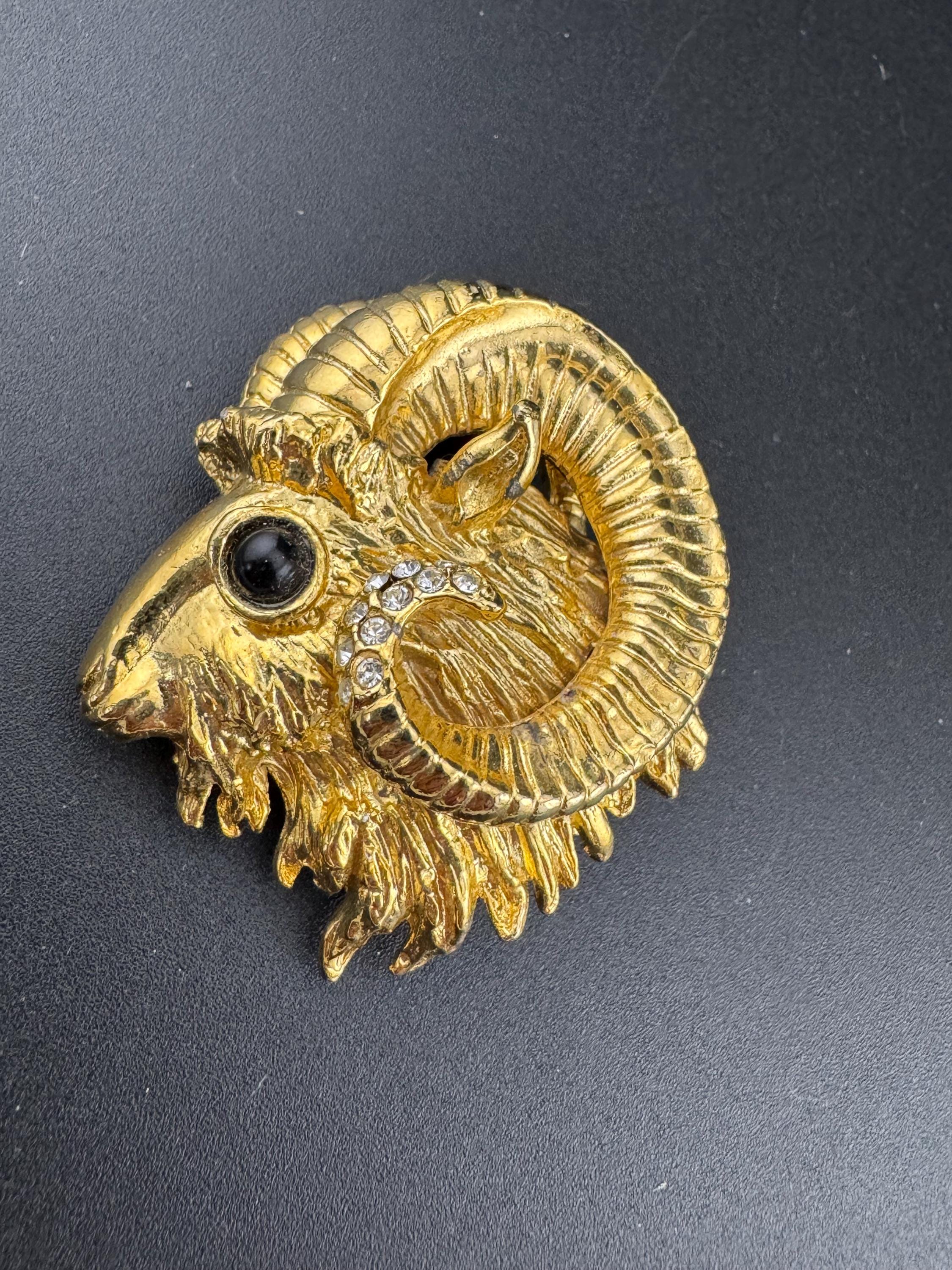 vintage 1980s crystal rams head oversized  gold plated statement brooch, gift for Aries