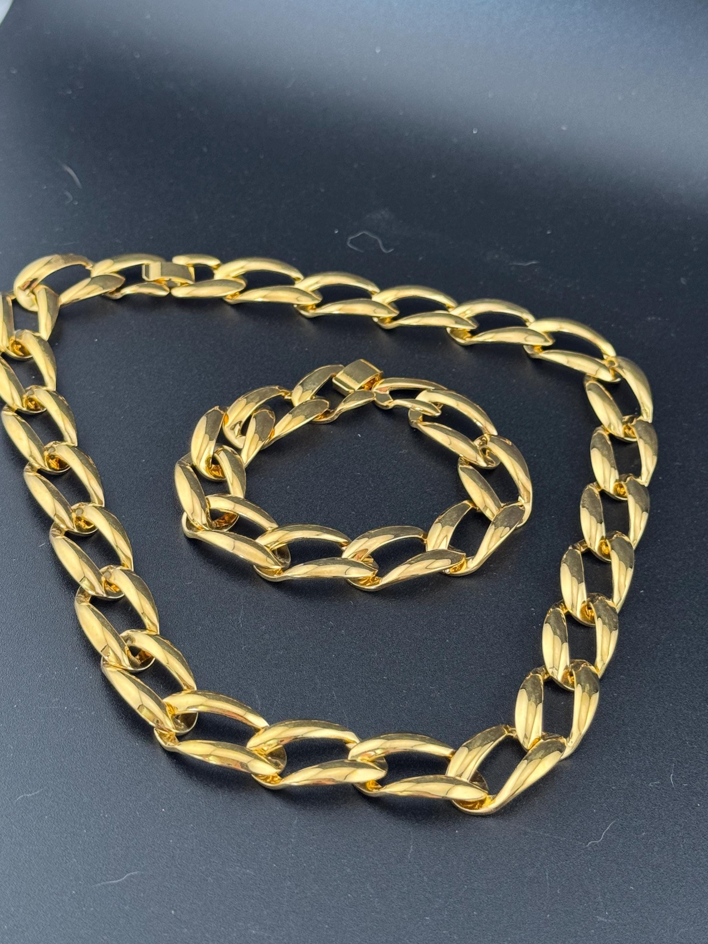 1990s vintage gold tone chunky wide chain link collar necklace and matching bracelet jewellery set