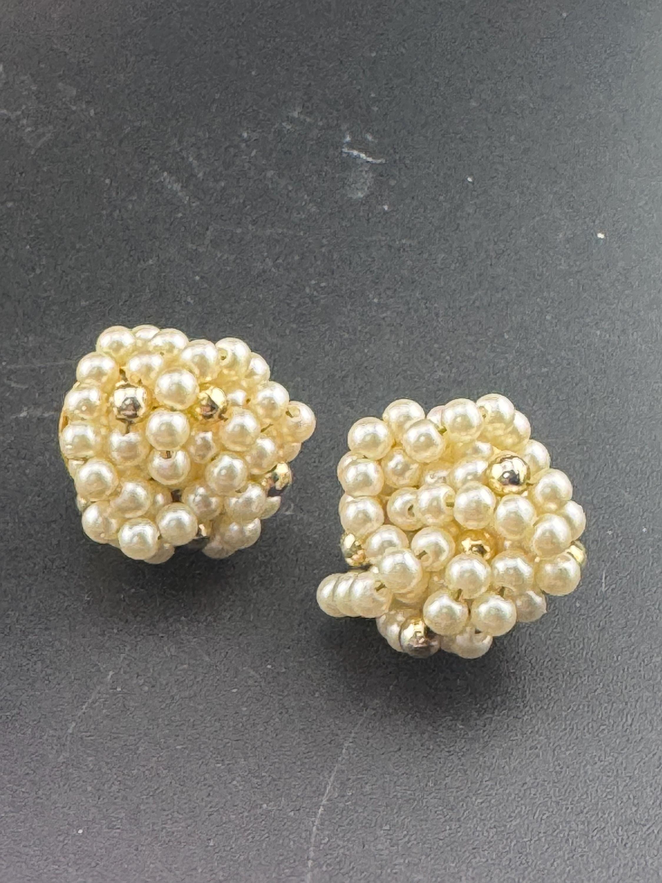 Vintage gold and cream glass seed beaded KNOT Cluster turban earrings studs clip on Earrings