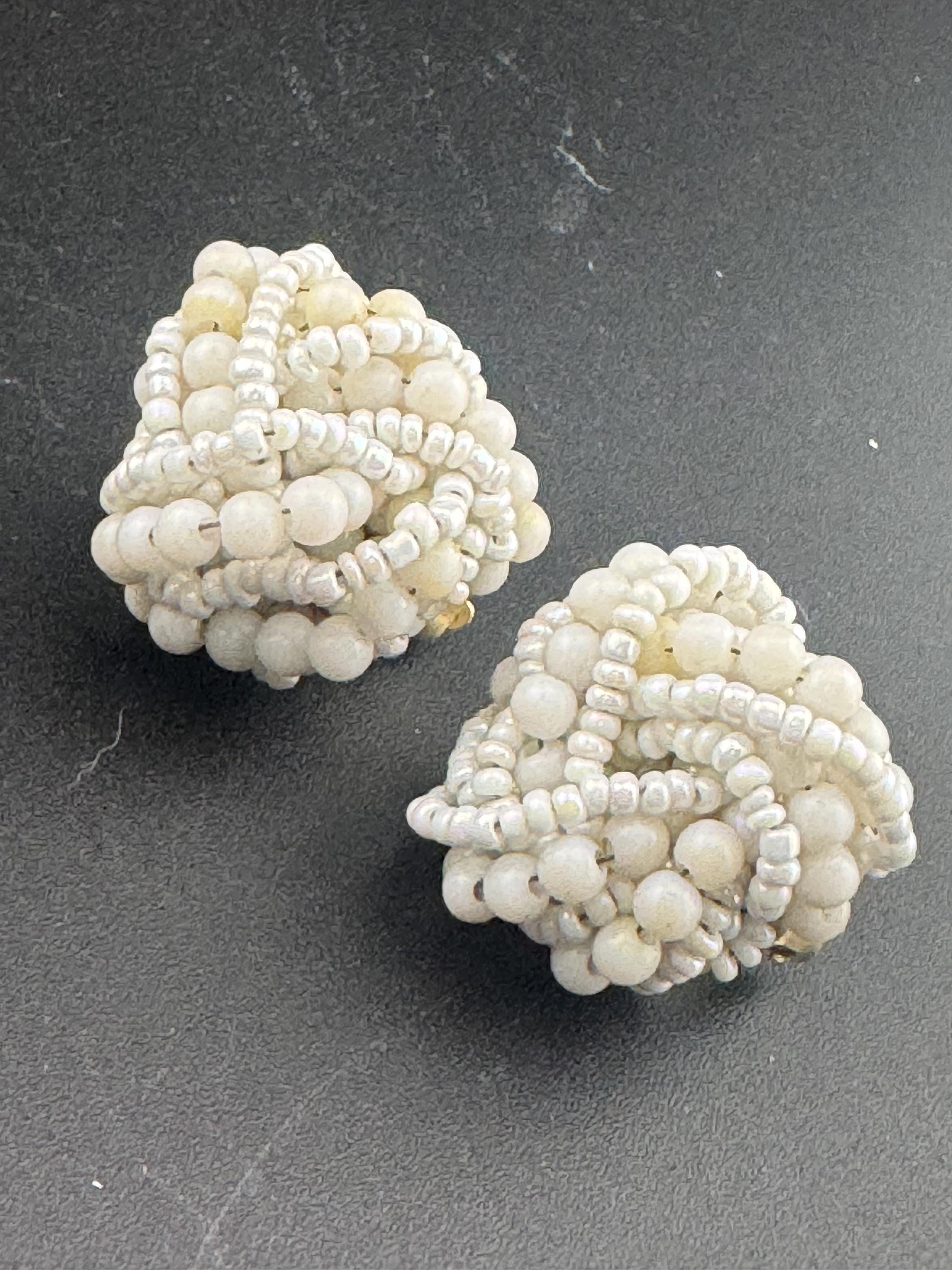 Vintage white glass seed beaded KNOT Cluster turban earrings studs clip on Earrings