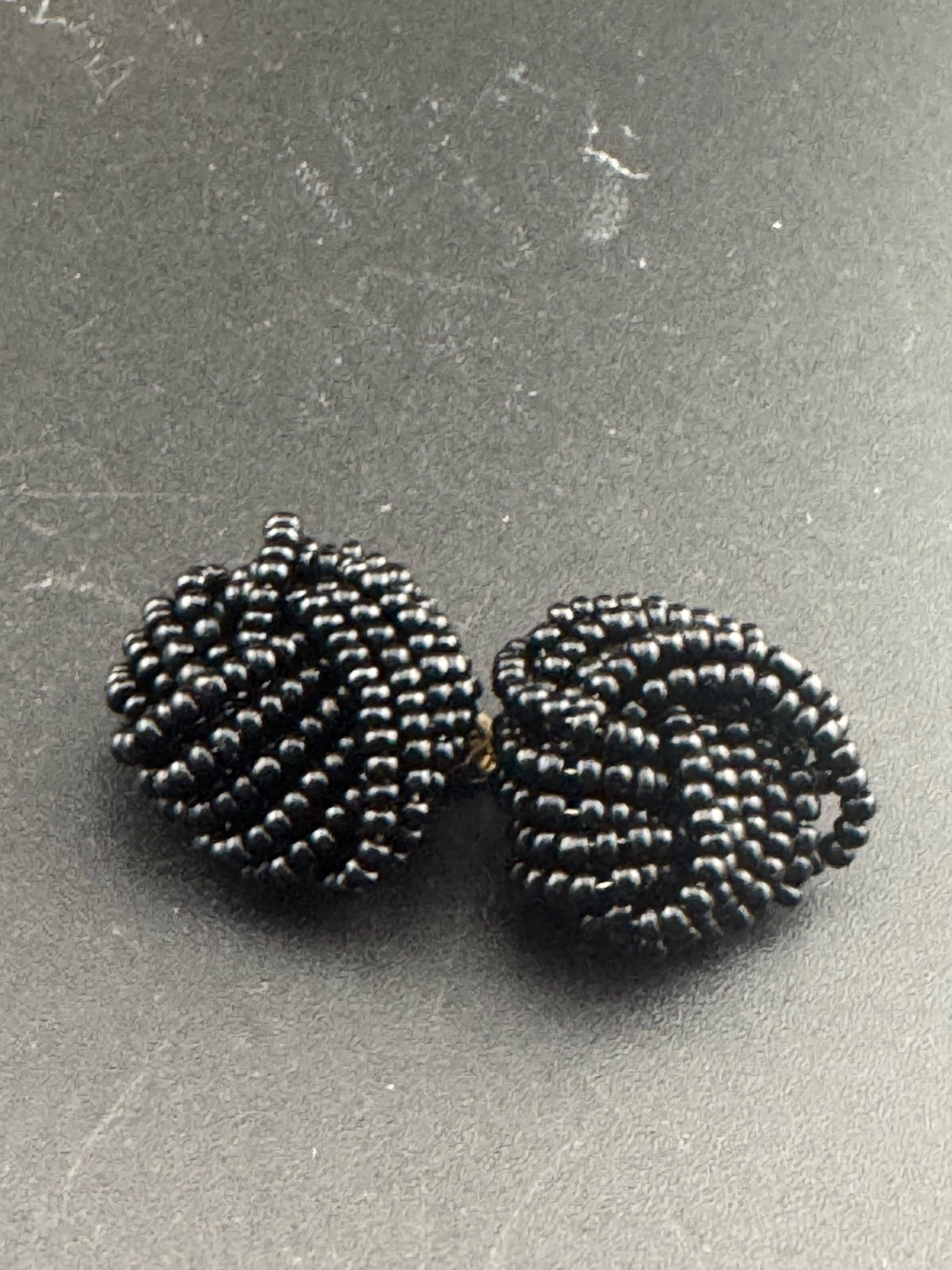 Black seed bead turban clip on earrings vintage